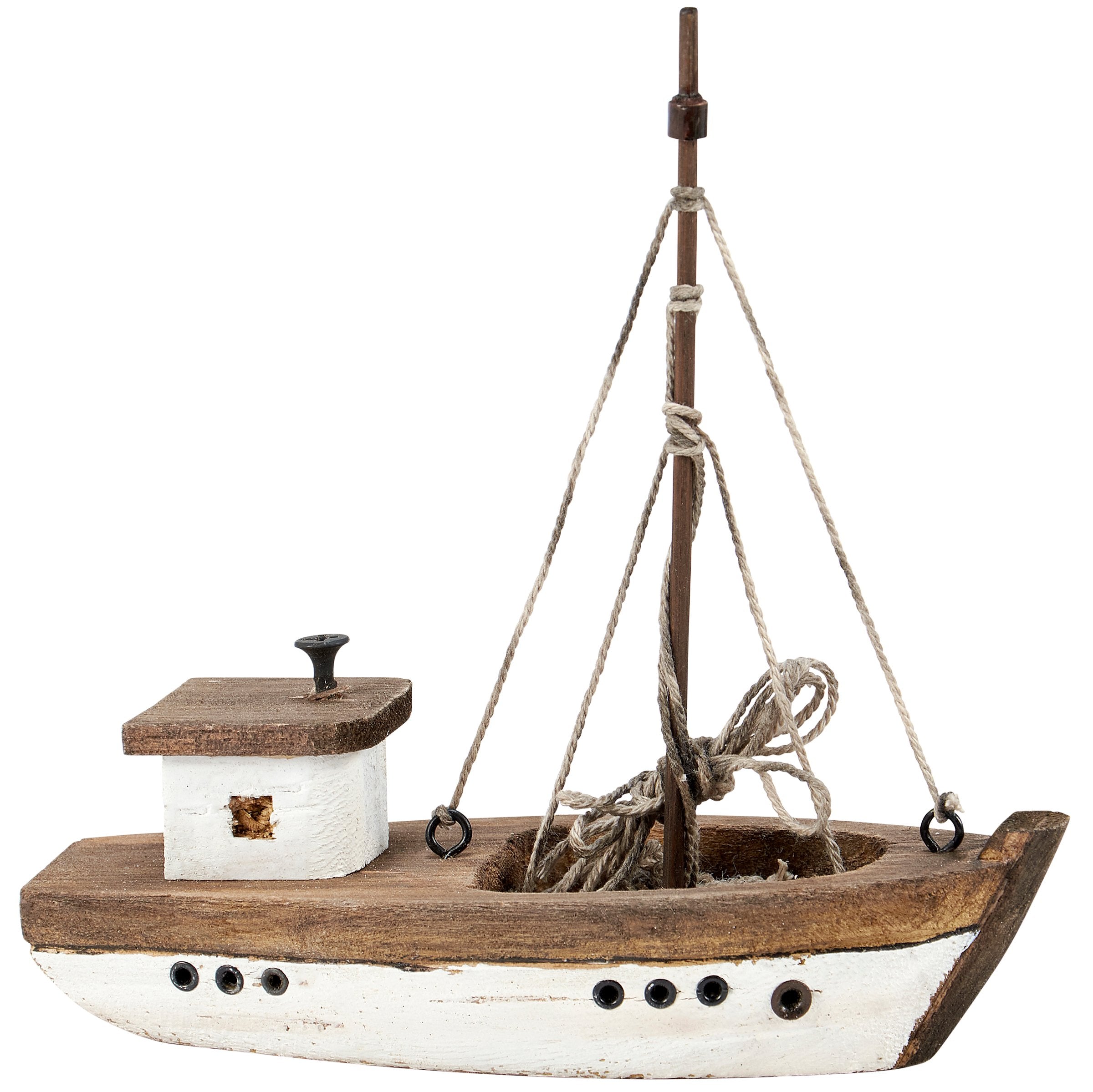 Charming Coastal White Fishing Boat Sitter Wood Decor with Jute Accents