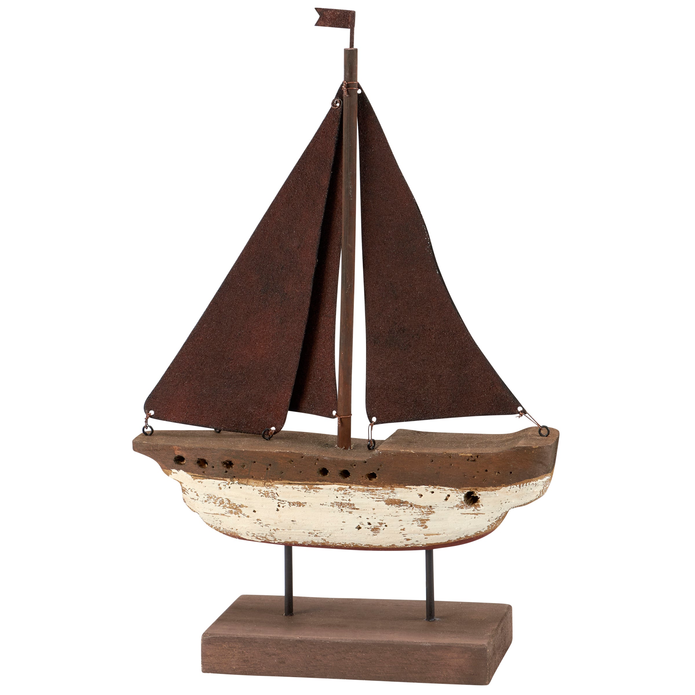Rustic Primitive Schooner Sitter: Distressed Wood & Metal Beach Decor