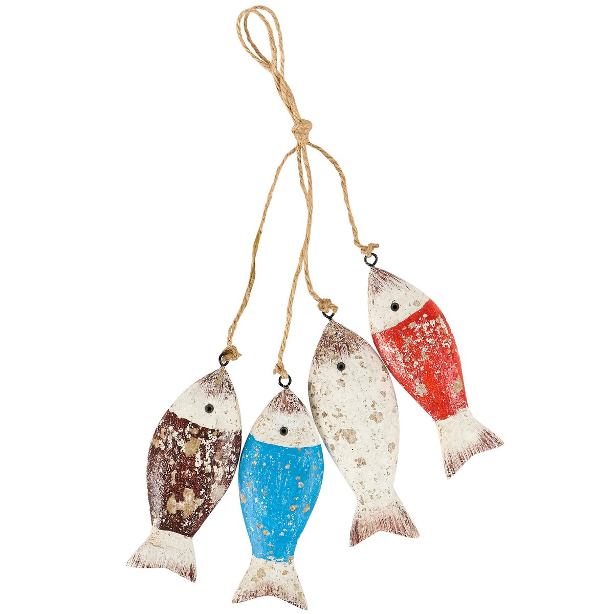 Coastal Wooden Fish School Hanging Decor with Rustic Metal & Jute
