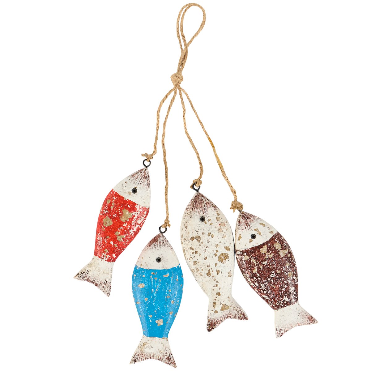 Coastal Wooden Fish School Hanging Decor with Rustic Metal & Jute