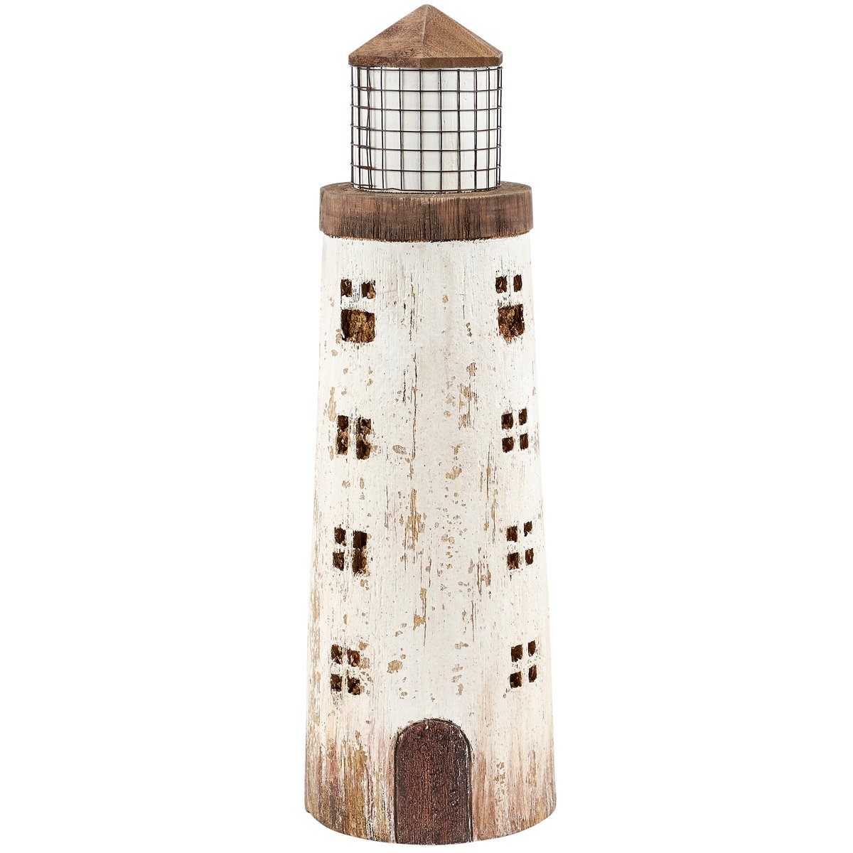 Rustic Coastal Lighthouse Sitter Decor - Distressed Wood & Metal Accent