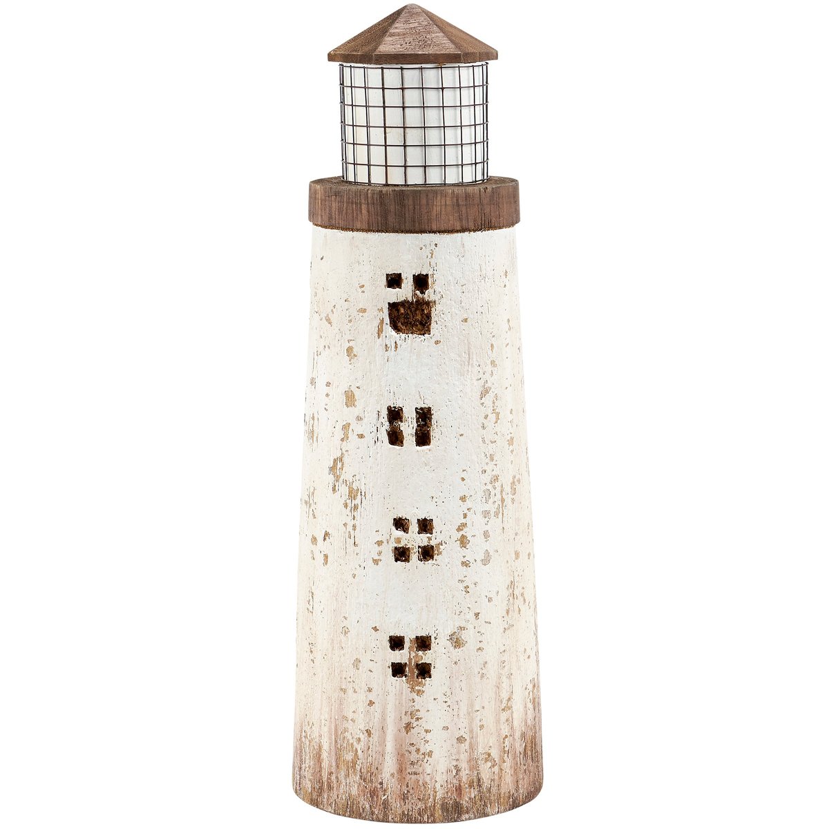 Rustic Coastal Lighthouse Sitter Decor - Distressed Wood & Metal Accent