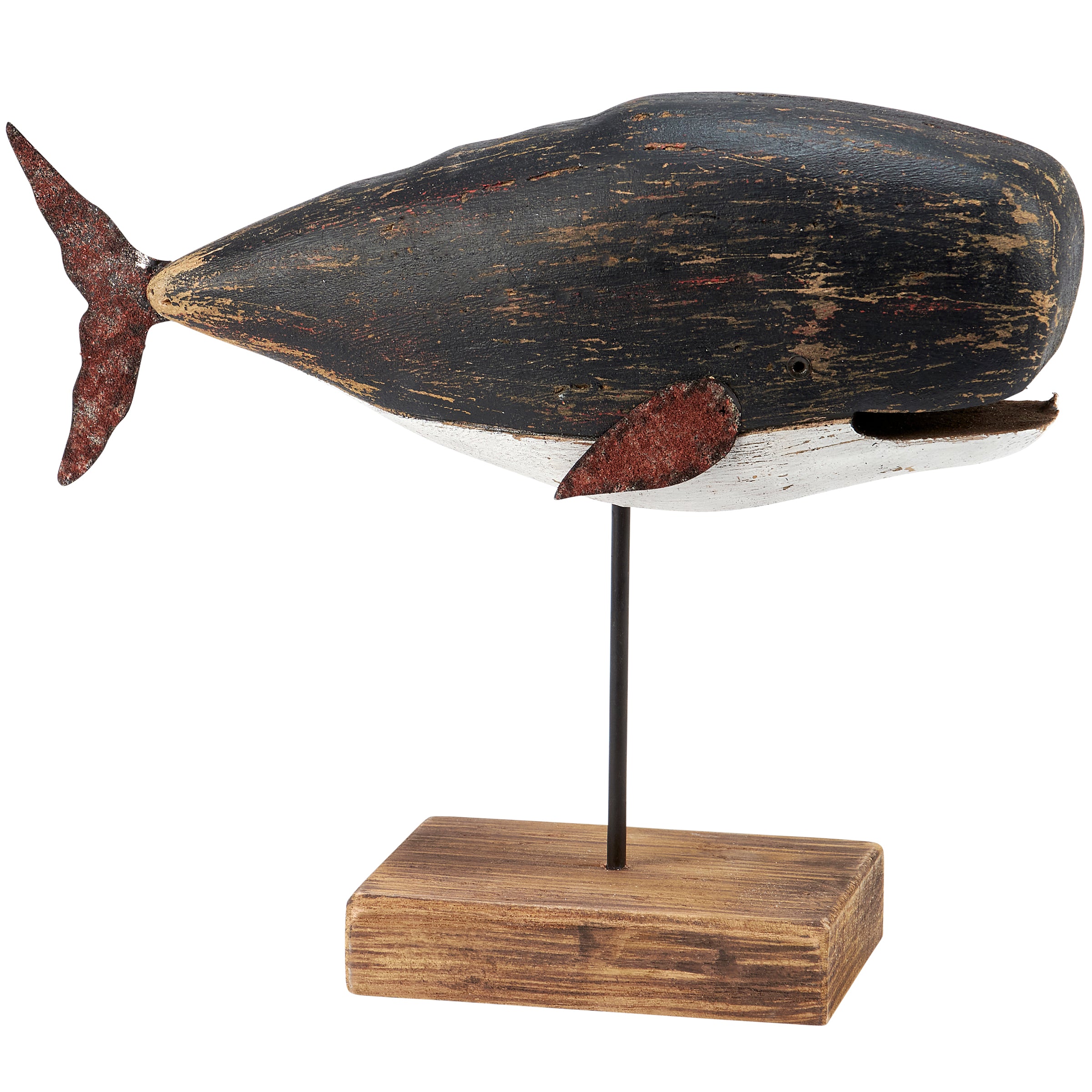 Charming Black Whale Sitter: Distressed Wood & Metal Beach Home Decor Accent
