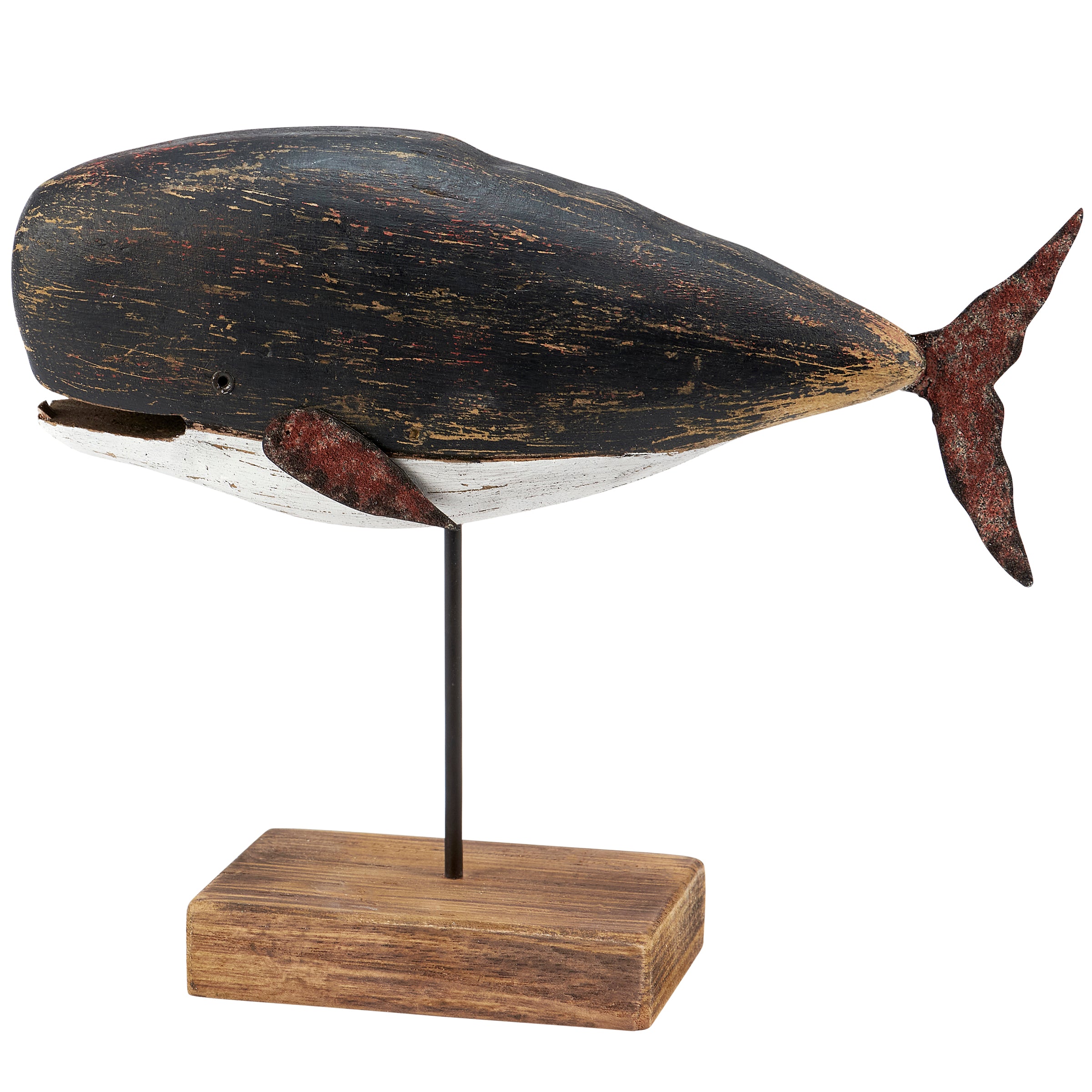 Charming Black Whale Sitter: Distressed Wood & Metal Beach Home Decor Accent