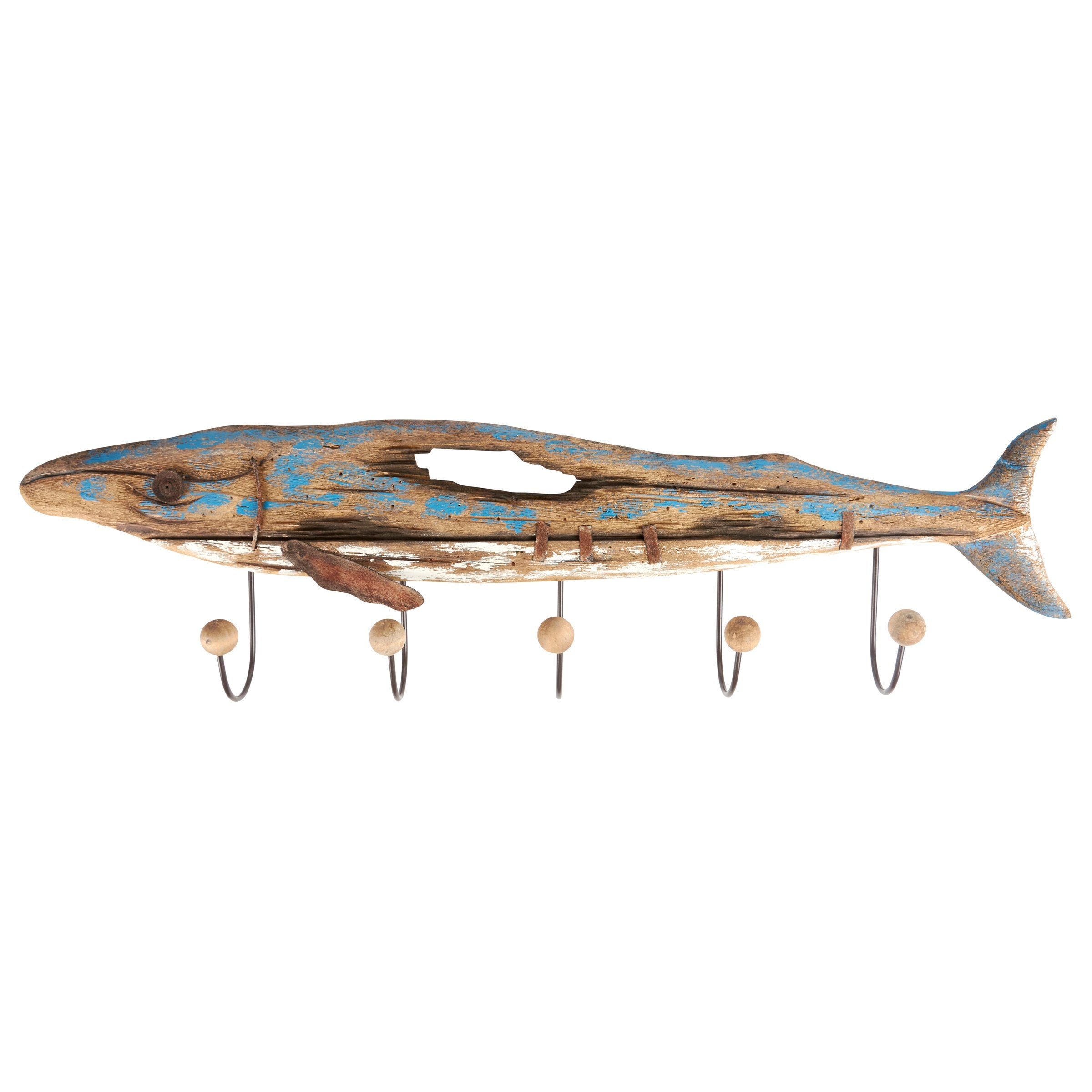 Fin Whale Coastal Wooden Hook Board with 5 Metal Pegs