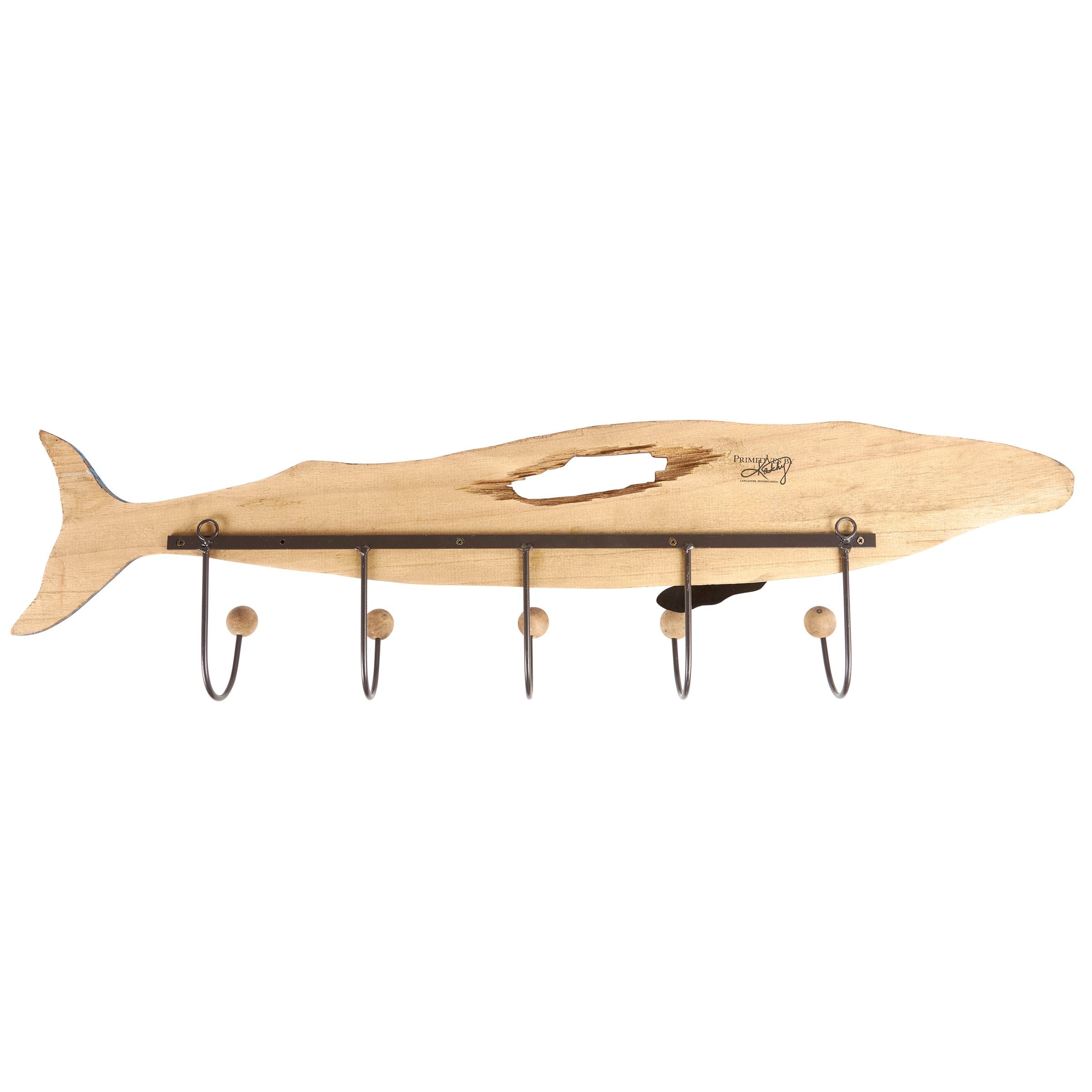 Fin Whale Coastal Wooden Hook Board with 5 Metal Pegs