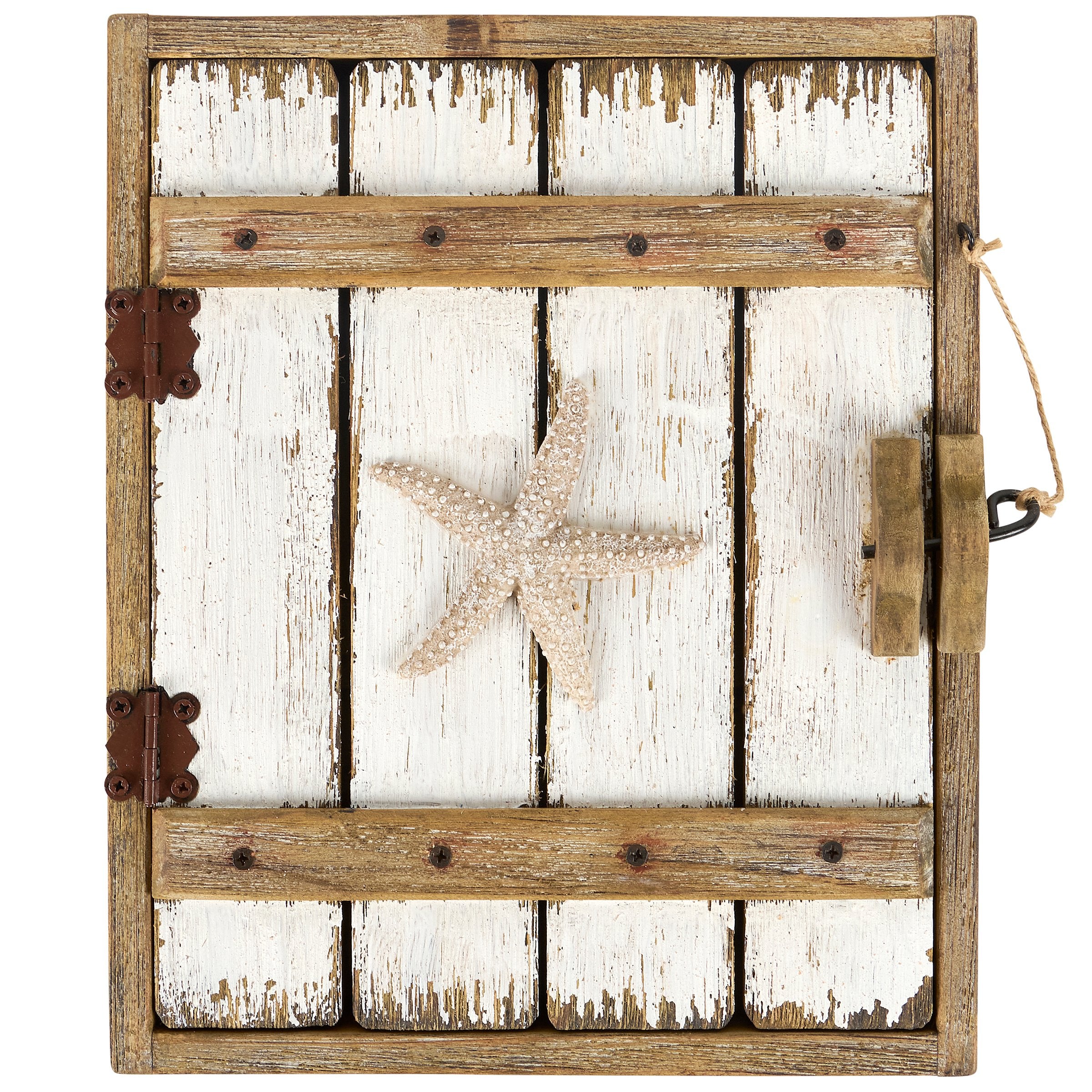 Rustic Starfish Beach Wood Wall Cabinet Key Holder with Hooks & Latch