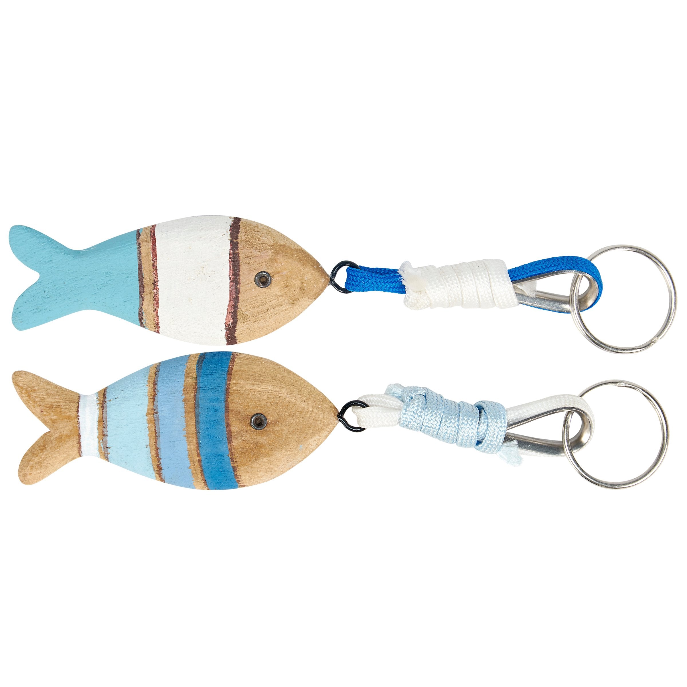 Rustic Wooden Fish Keychain Set with Painted Details, Metal Hardware, Twine Wrapped Chain