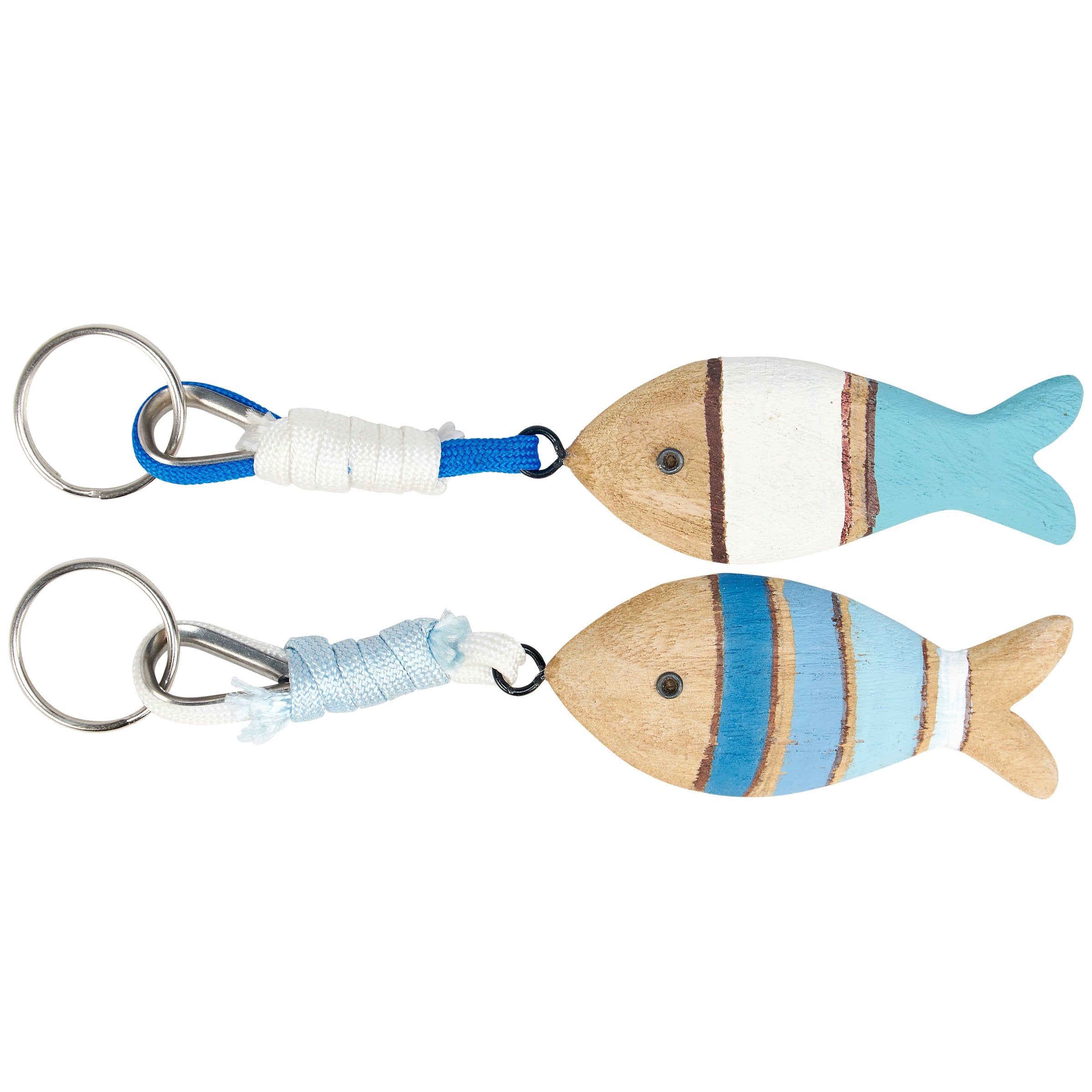 Rustic Wooden Fish Keychain Set with Painted Details, Metal Hardware, Twine Wrapped Chain