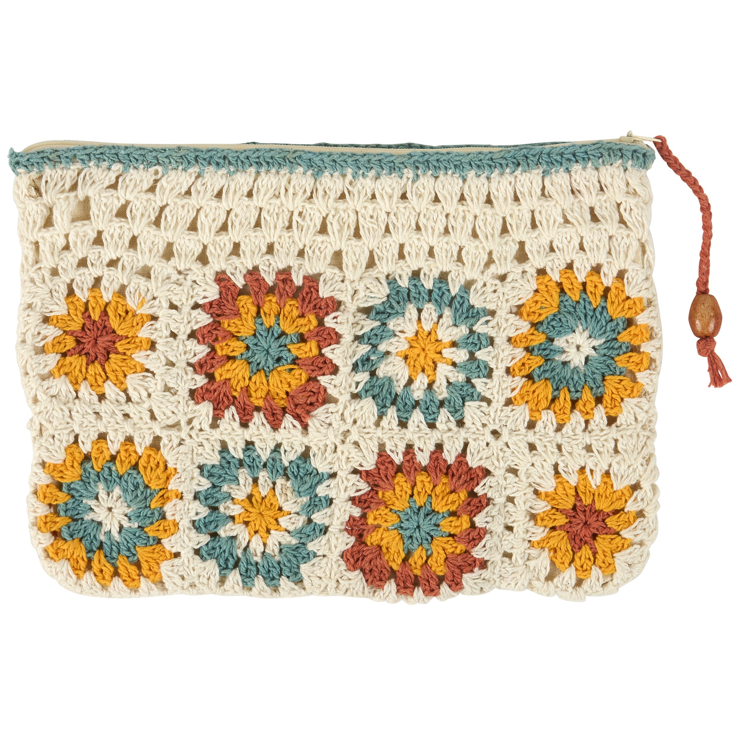 Charming Crochet Flower Zipper Pouch - Lined Cotton Bag for Everyday Essentials