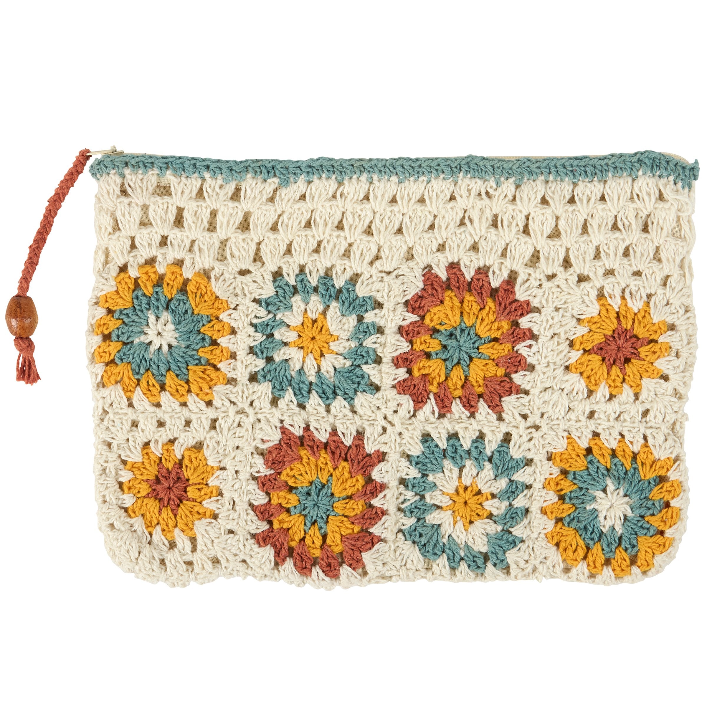 Charming Crochet Flower Zipper Pouch - Lined Cotton Bag for Everyday Essentials