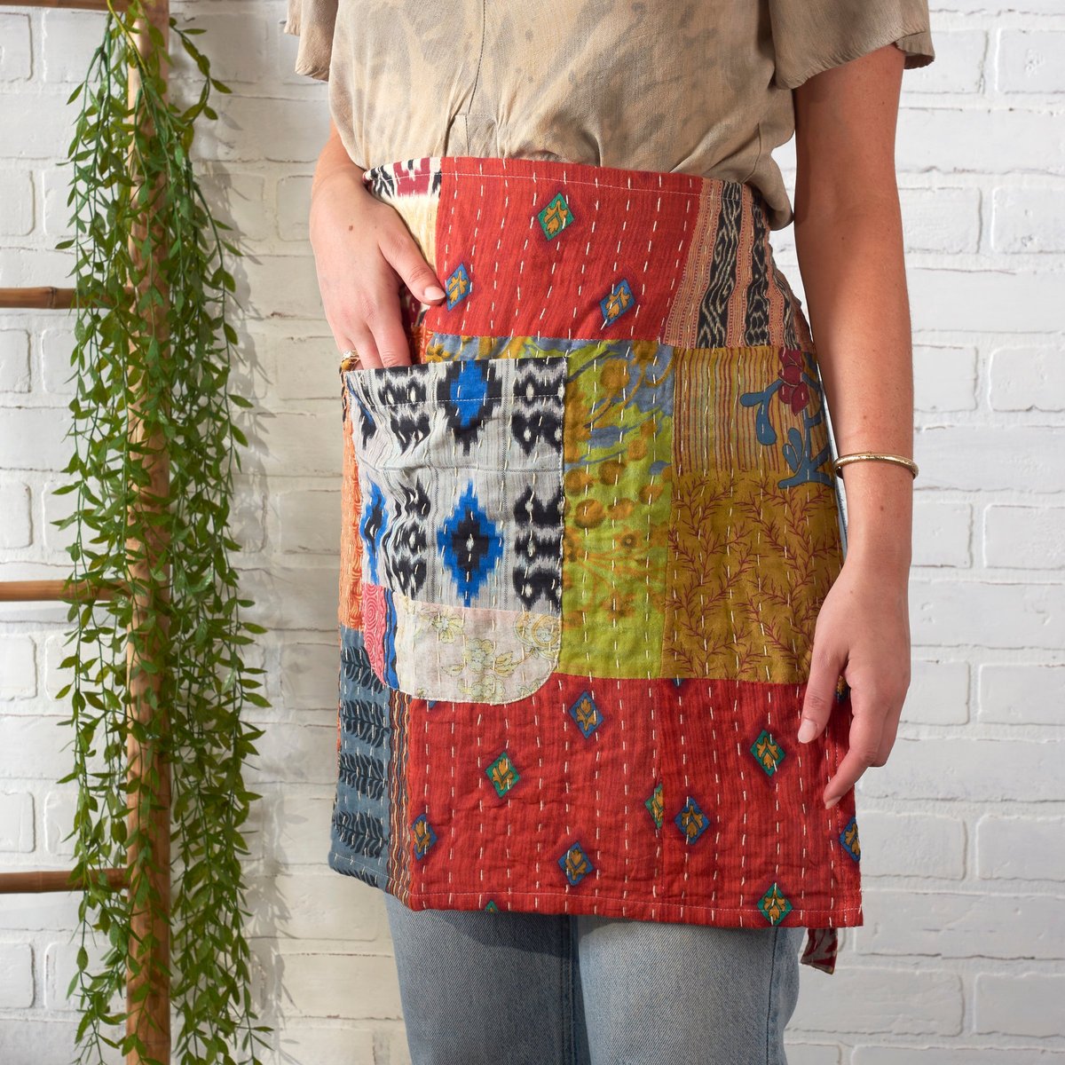 Vibrant Cotton Kantha Skirt Apron with Single Pocket & Adjustable Waist
