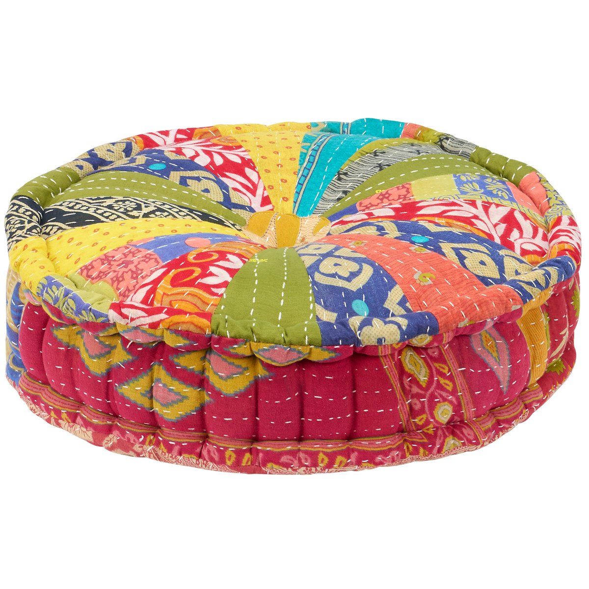 Charming Round Kantha Floor Pillow, Handcrafted Cotton, Eco-Friendly Fill, 18-inch Diameter