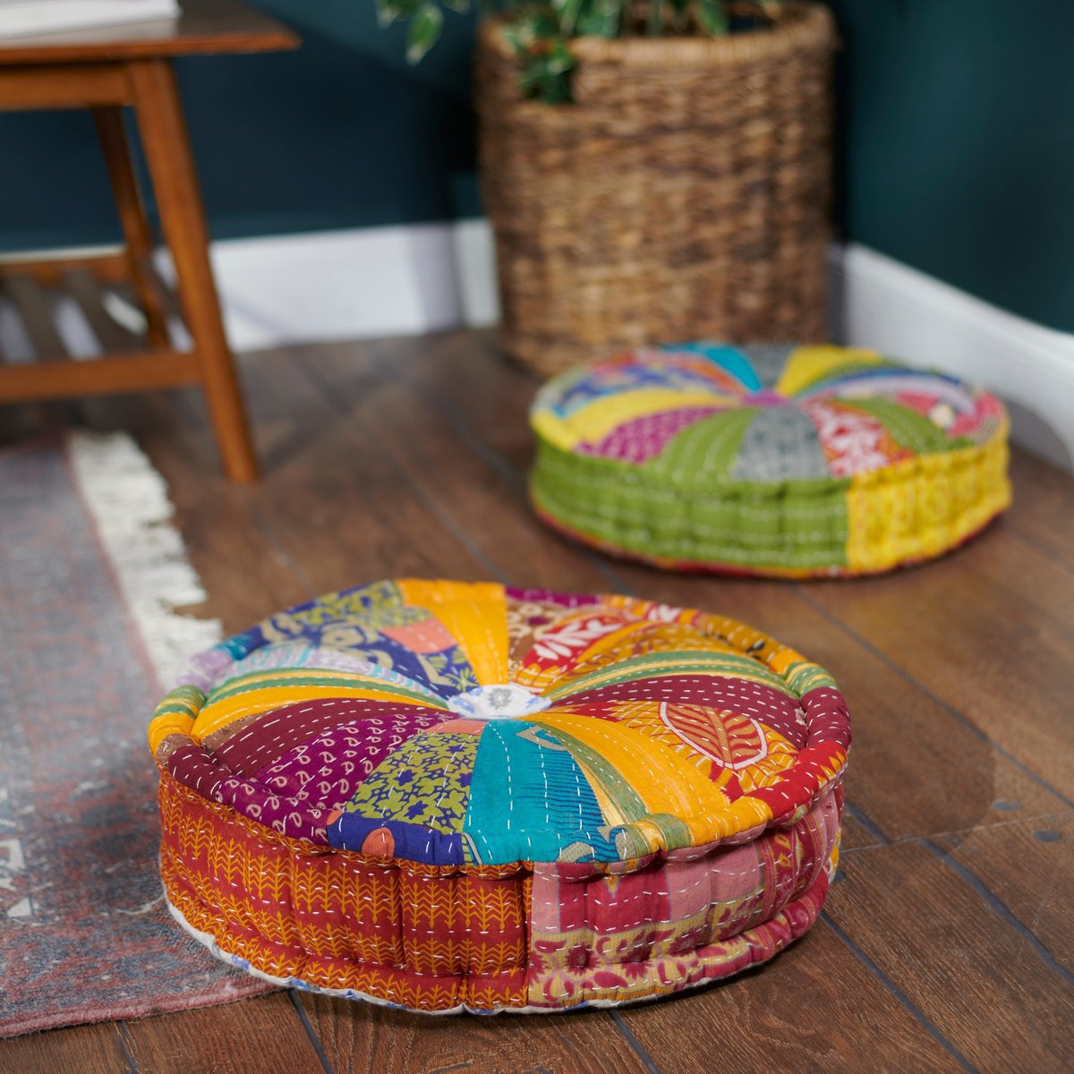 Charming Round Kantha Floor Pillow, Handcrafted Cotton, Eco-Friendly Fill, 18-inch Diameter