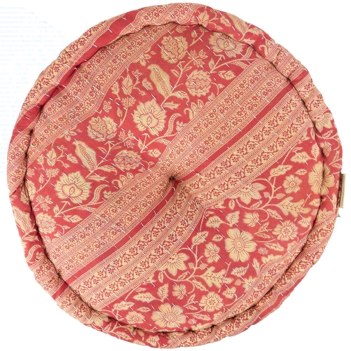 Charming Round Kantha Floor Pillow, Handcrafted Cotton, Eco-Friendly Fill, 18-inch Diameter