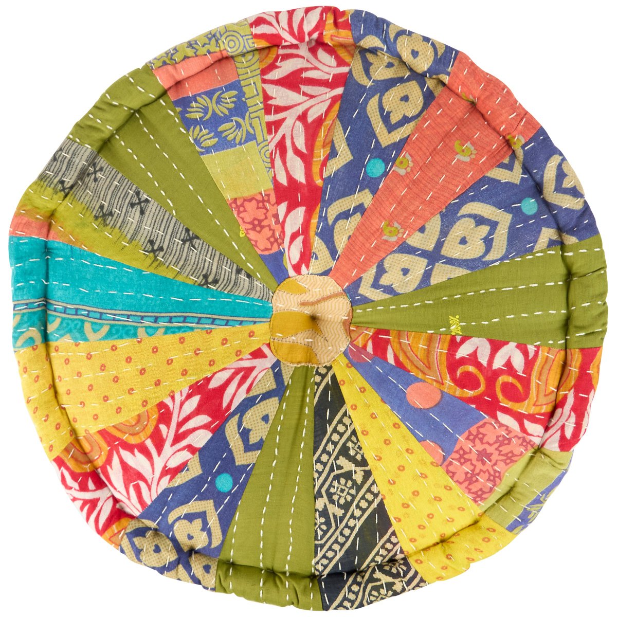 Charming Round Kantha Floor Pillow, Handcrafted Cotton, Eco-Friendly Fill, 18-inch Diameter