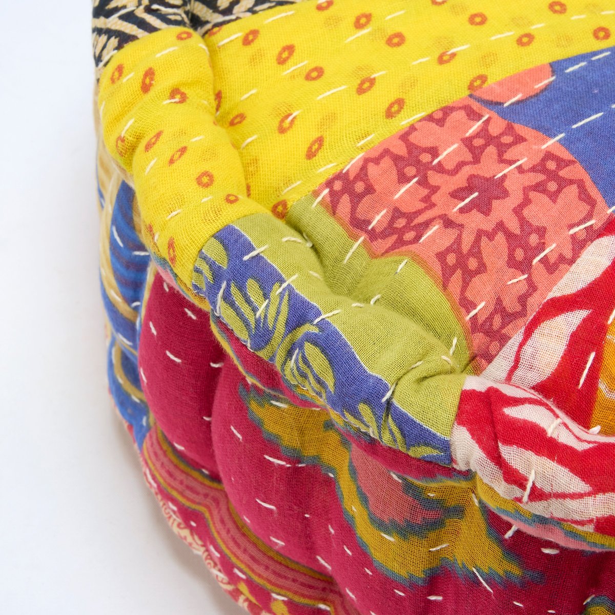 Charming Round Kantha Floor Pillow, Handcrafted Cotton, Eco-Friendly Fill, 18-inch Diameter