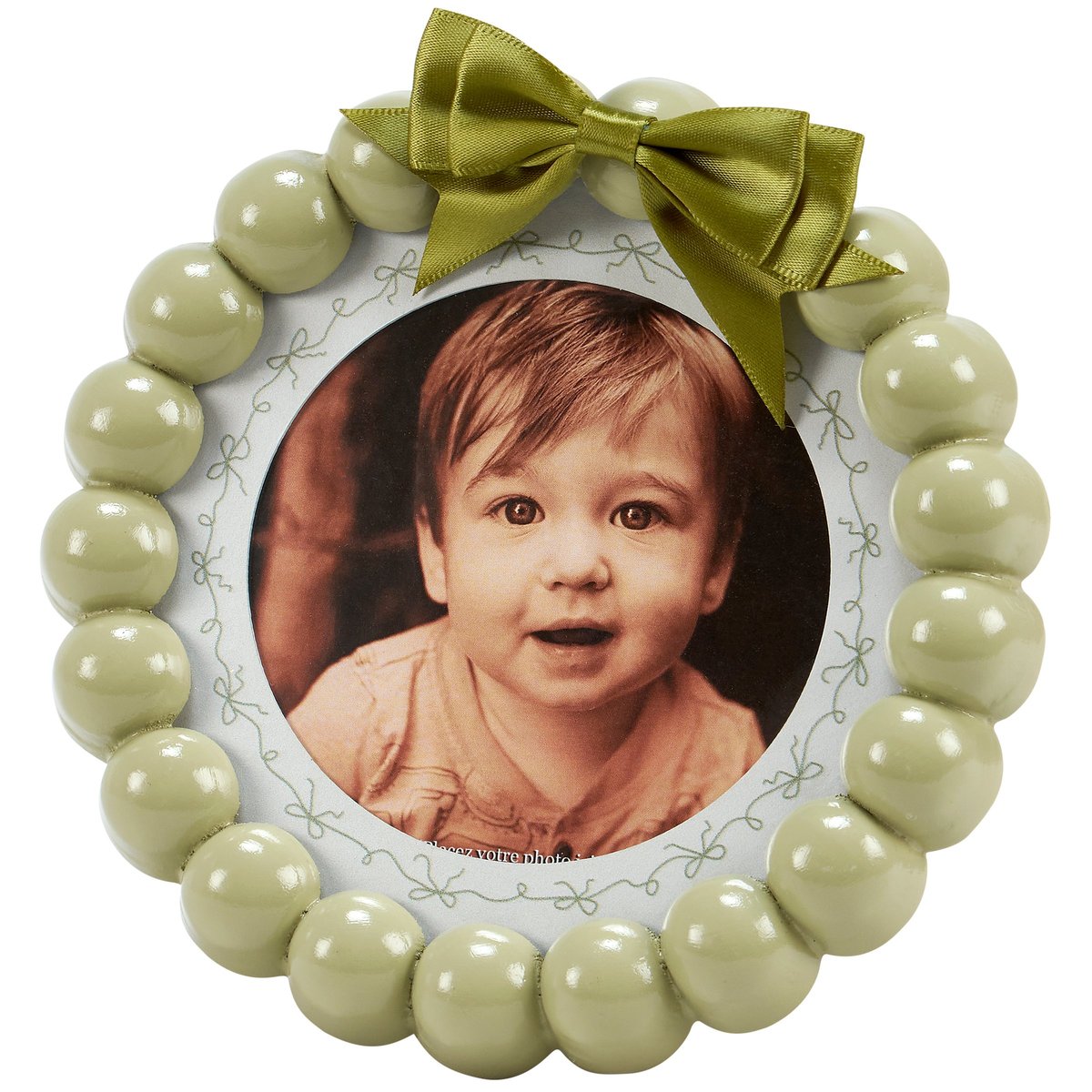 Charming Green Beaded Round Photo Frame with Ribbon, 4x4 Inch Display
