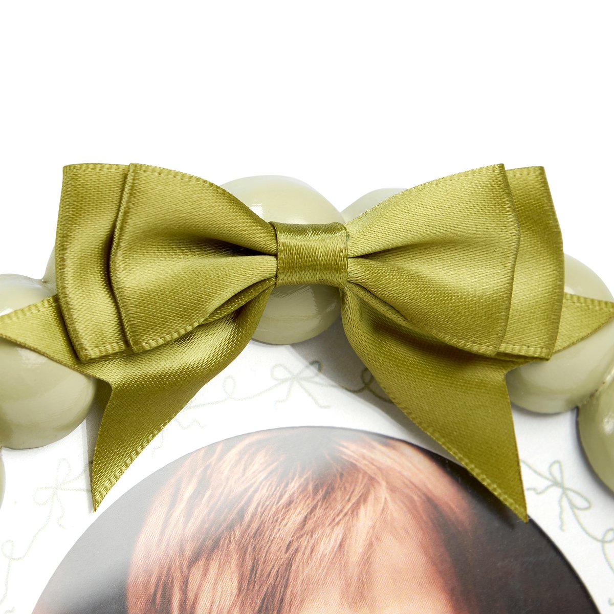 Charming Green Beaded Round Photo Frame with Ribbon, 4x4 Inch Display