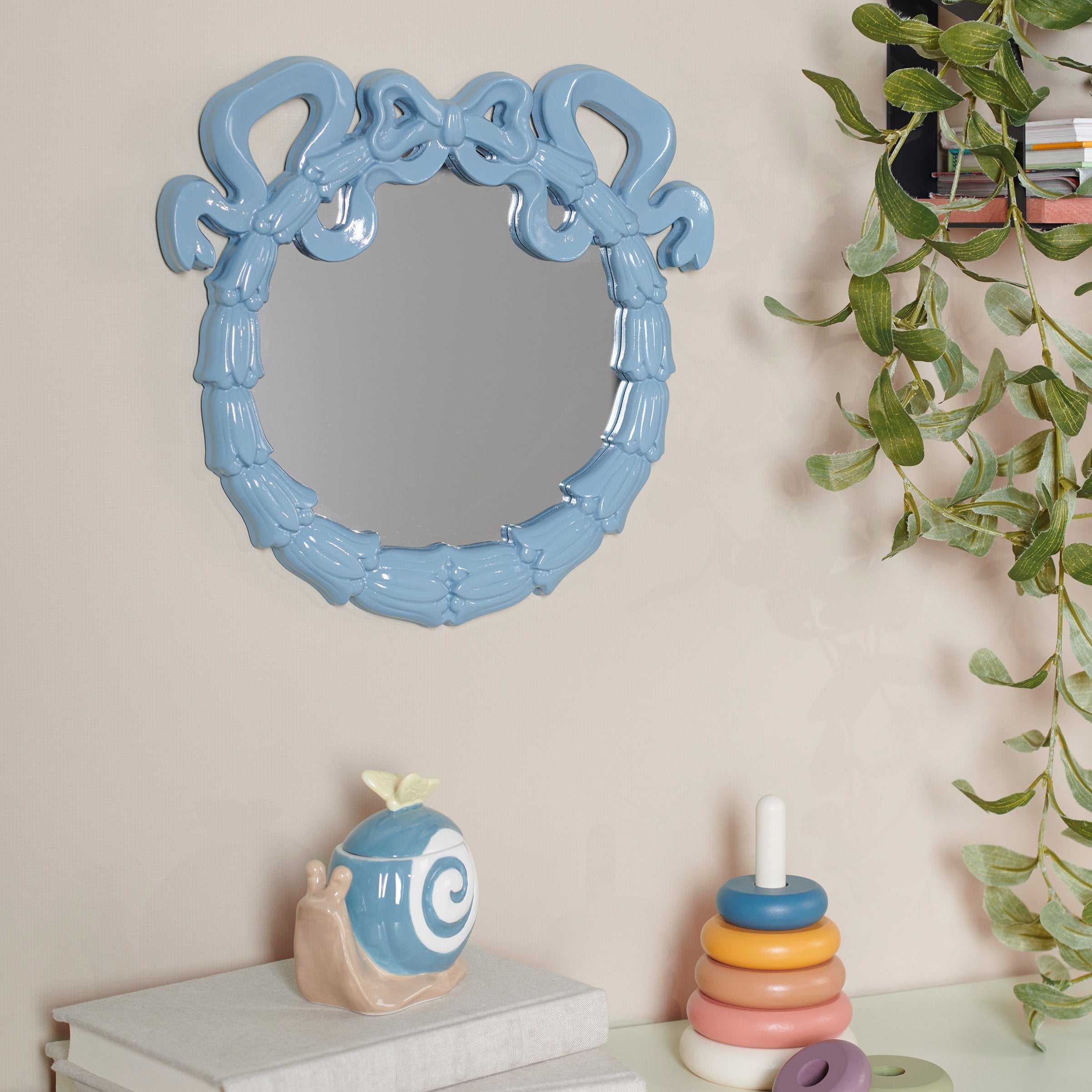 Charming Baby Blue Bow Mirror - Decorative Kids Room Wall Decor Accent