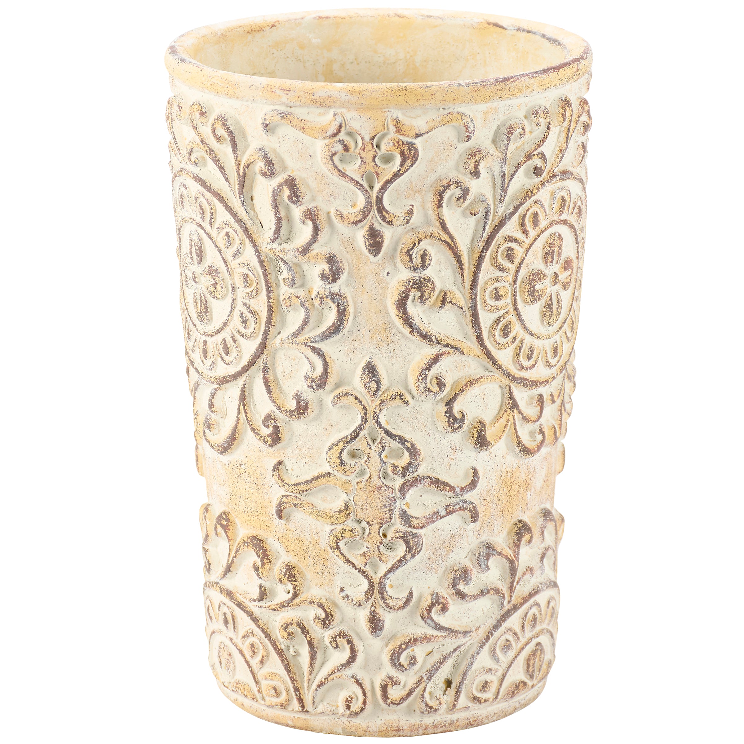 Large Nouveau Floral Cement Planter Pot with Embossed Art Deco Design