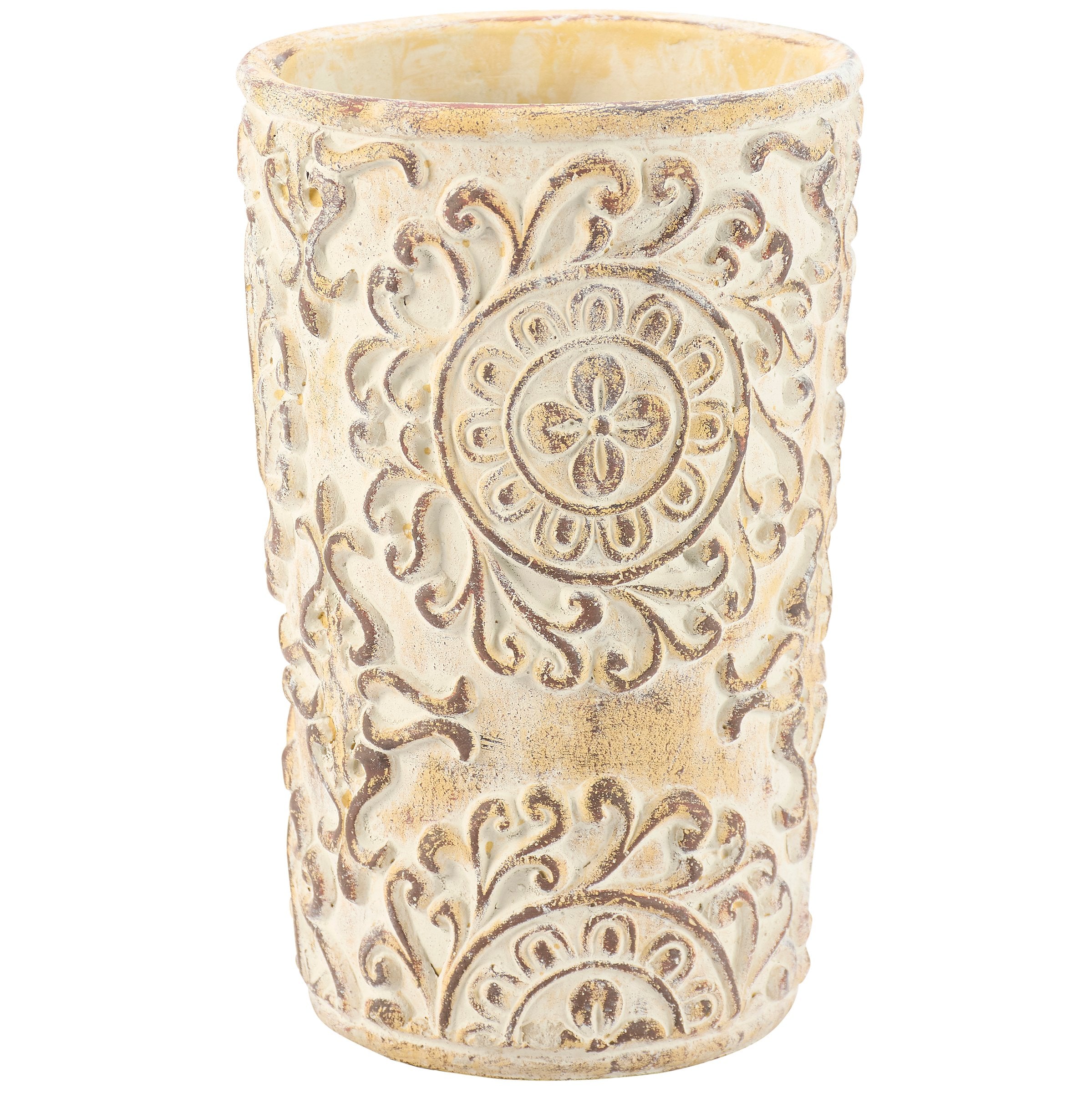 Large Nouveau Floral Cement Planter Pot with Embossed Art Deco Design