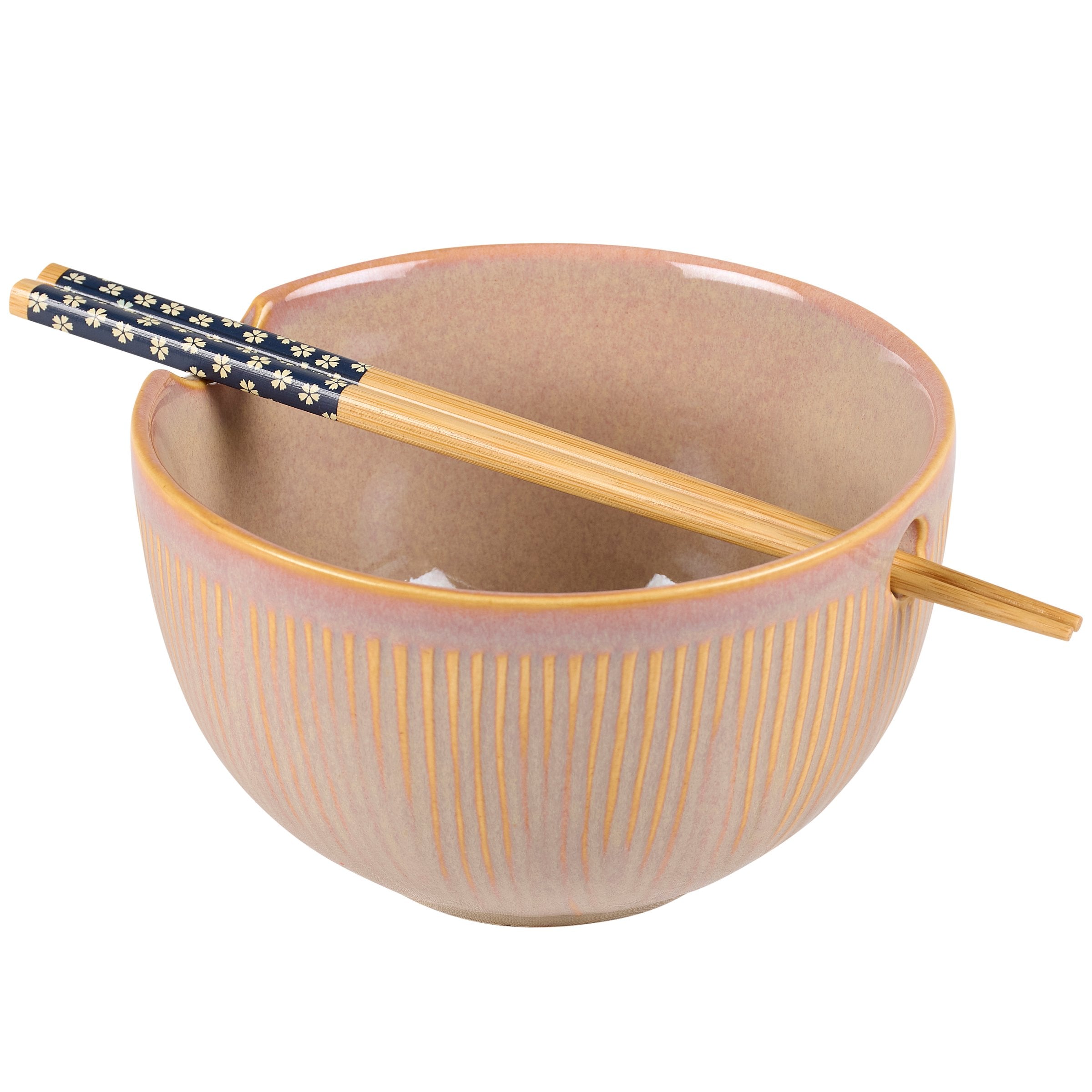 Chic Pink Ribbed Stoneware Ramen Noodle Bowl Set with Bamboo Chopsticks