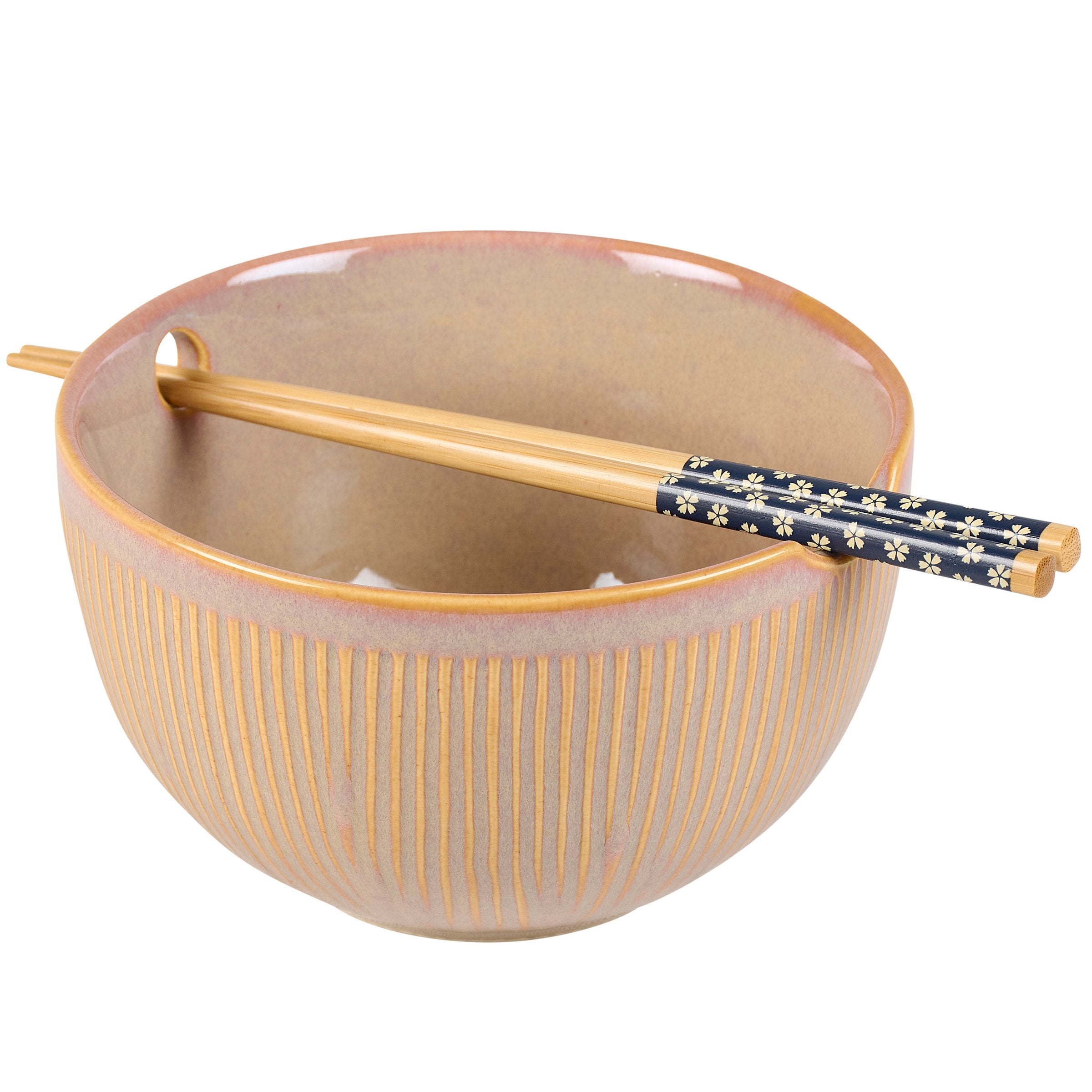 Chic Pink Ribbed Stoneware Ramen Noodle Bowl Set with Bamboo Chopsticks