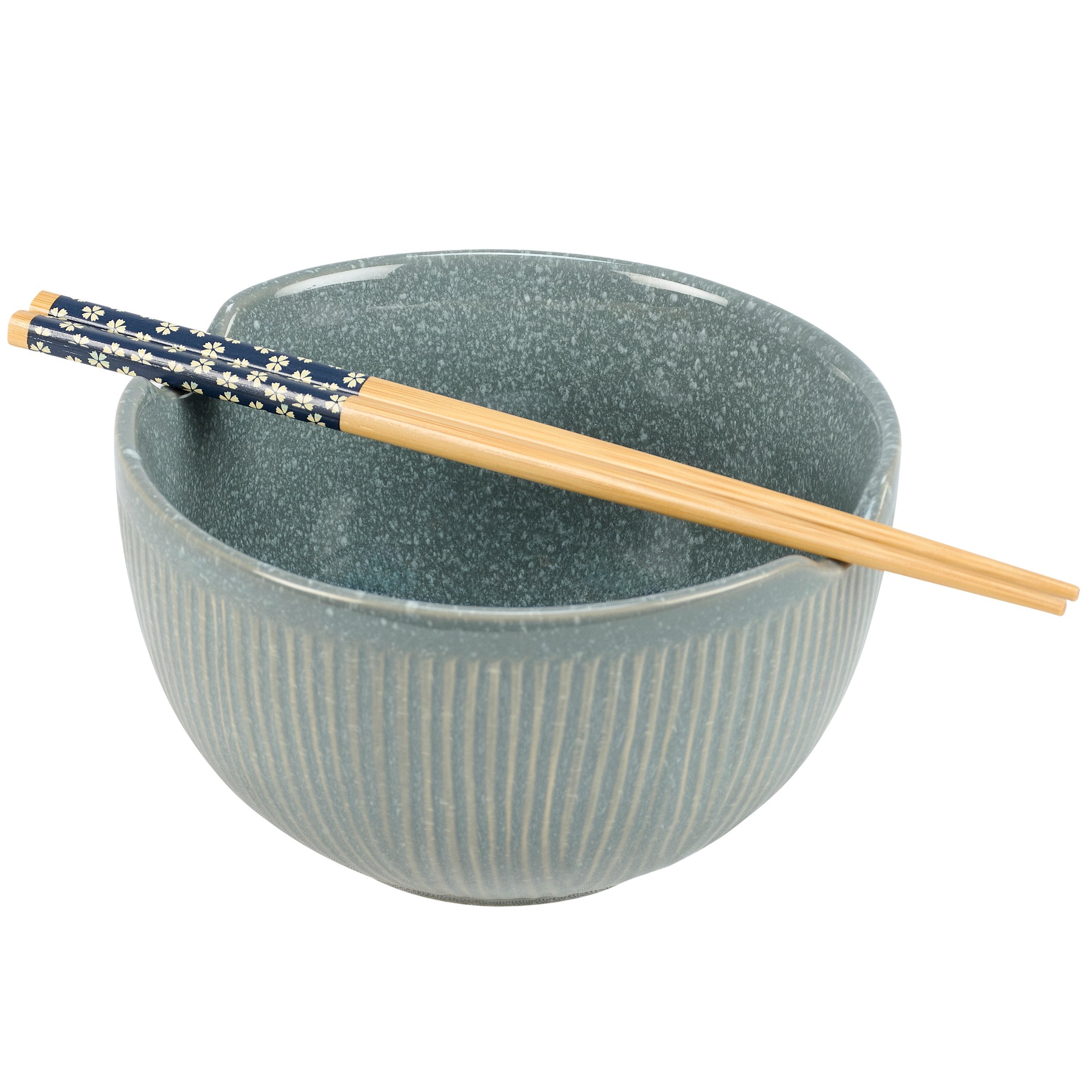 Elegant Ribbed Indigo Blue Stoneware Ramen Noodle Bowl Set with Bamboo Chopsticks