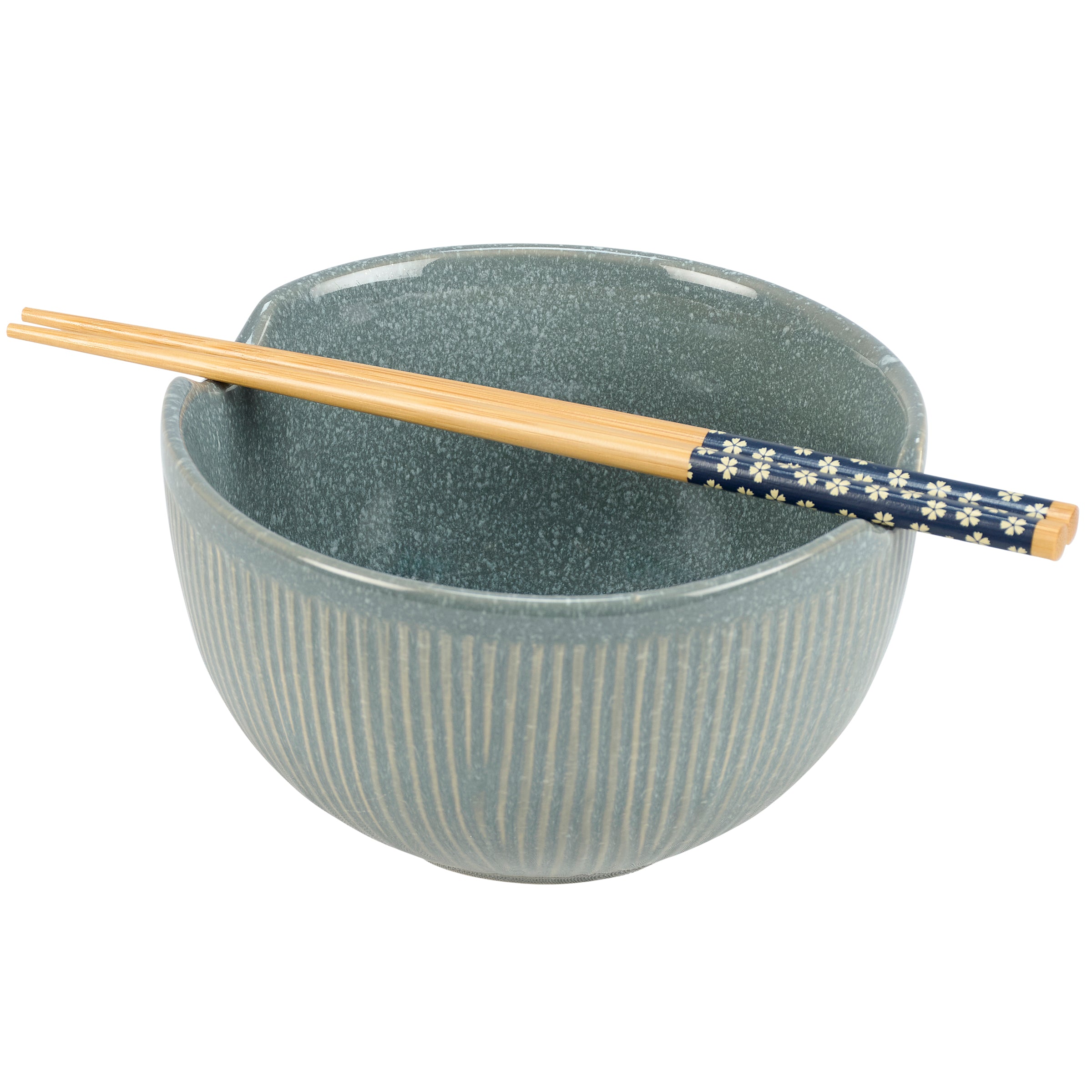 Elegant Ribbed Indigo Blue Stoneware Ramen Noodle Bowl Set with Bamboo Chopsticks