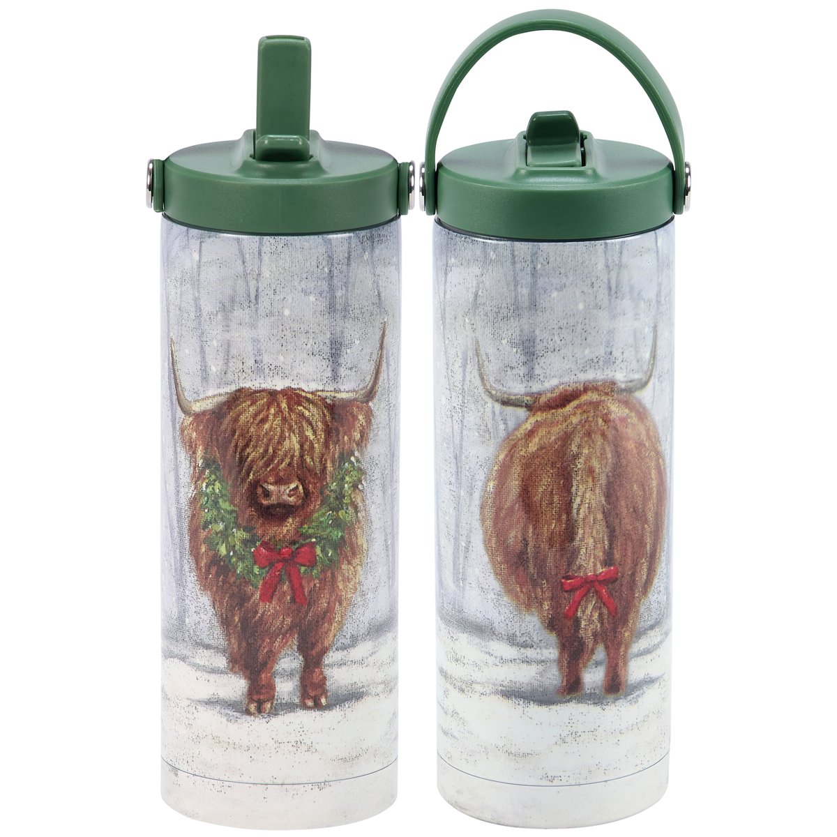 Insulated Christmas Highland Cow Stainless Steel Sport Bottle with Straw & Strap