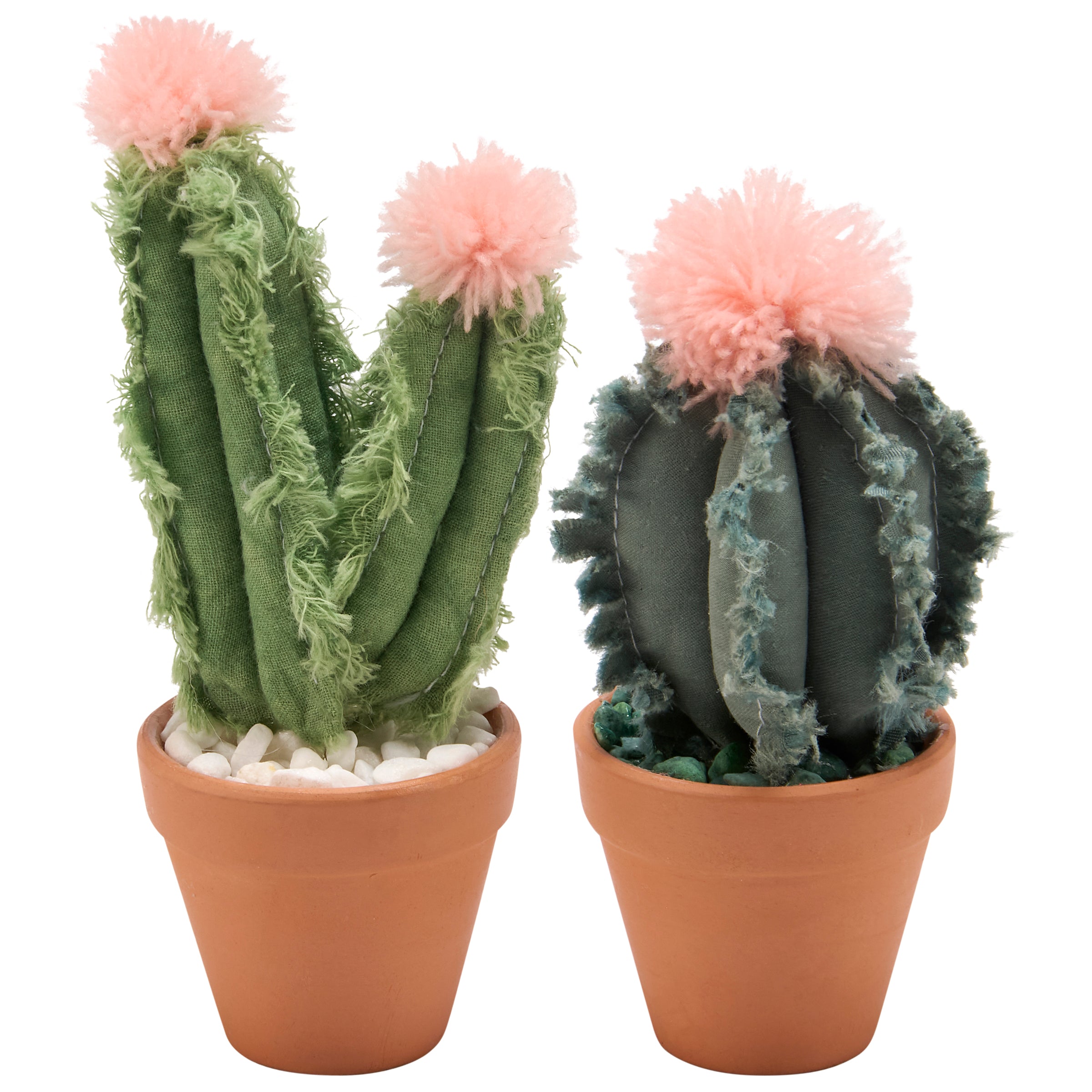 Rustic Western Decorative Cactus Sitter Set in Clay Pots with Pink Poms