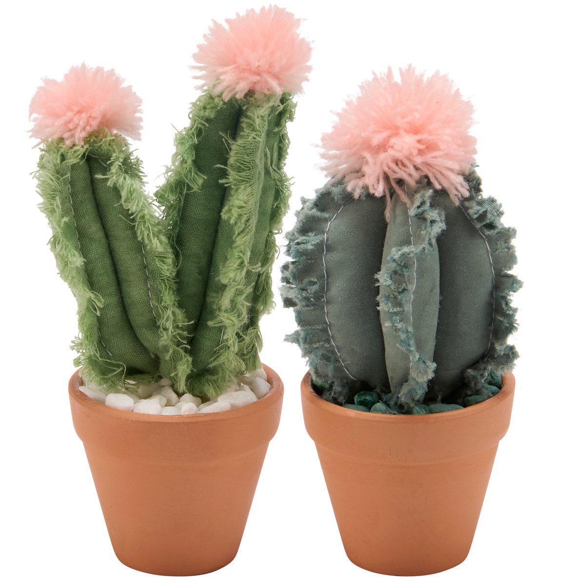 Rustic Western Decorative Cactus Sitter Set in Clay Pots with Pink Poms