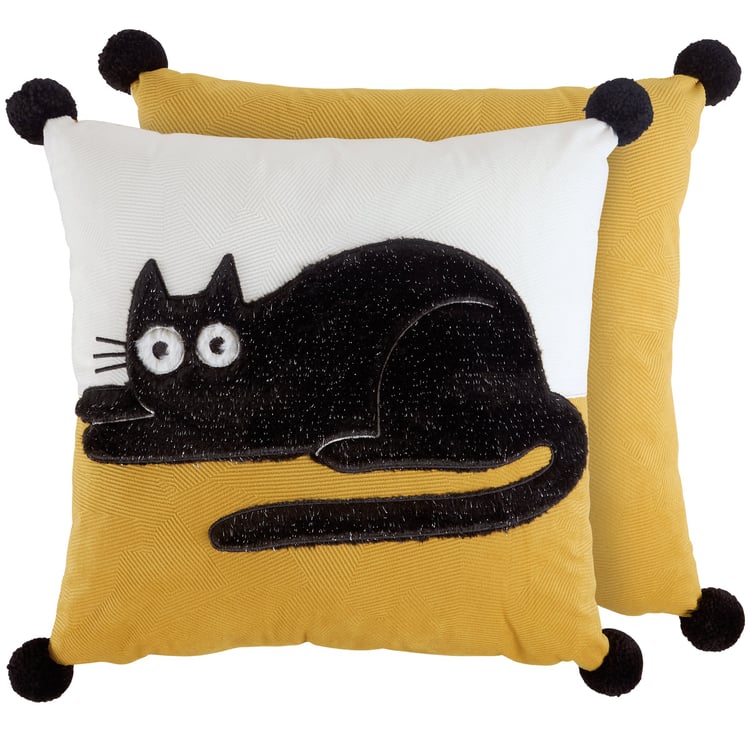 Charming Big Eye Cat Cotton Pillow with Embroidered Details and Black Poms
