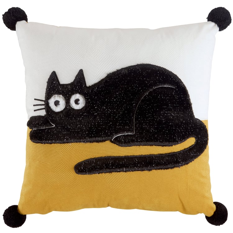 Charming Big Eye Cat Cotton Pillow with Embroidered Details and Black Poms