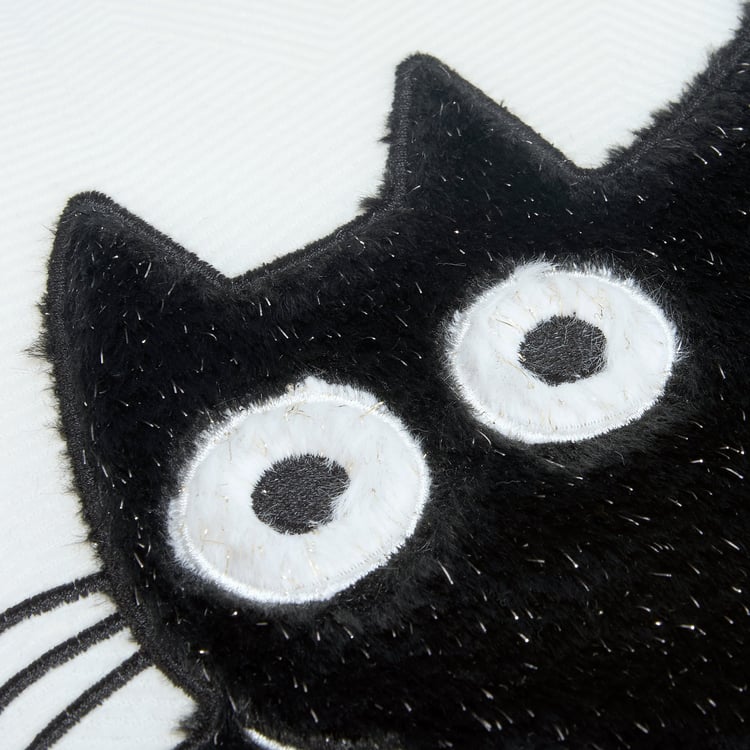 Charming Big Eye Cat Cotton Pillow with Embroidered Details and Black Poms