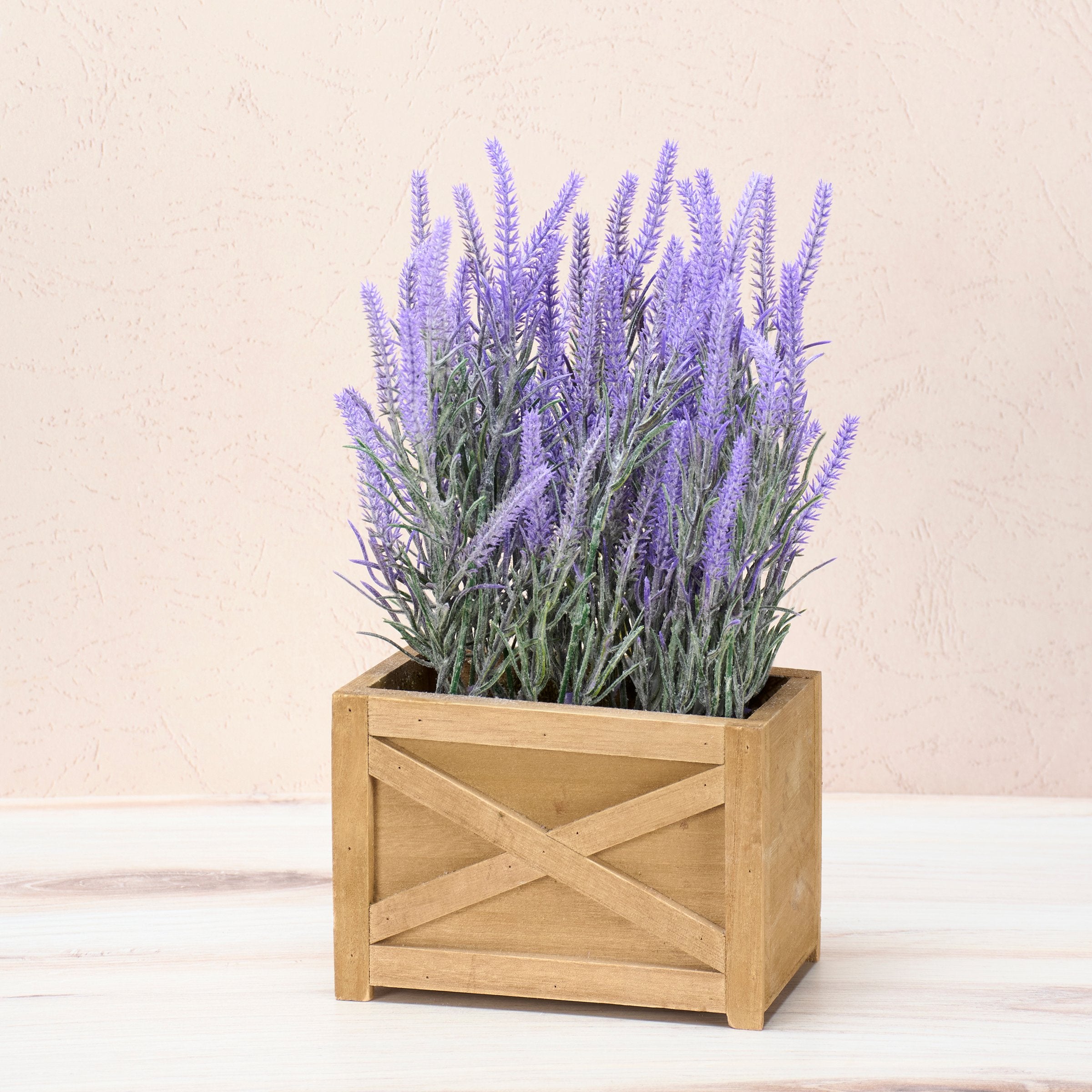 Charming Faux Lavender Plant Rustic Wooden Box Planter, Effortless Home Decor