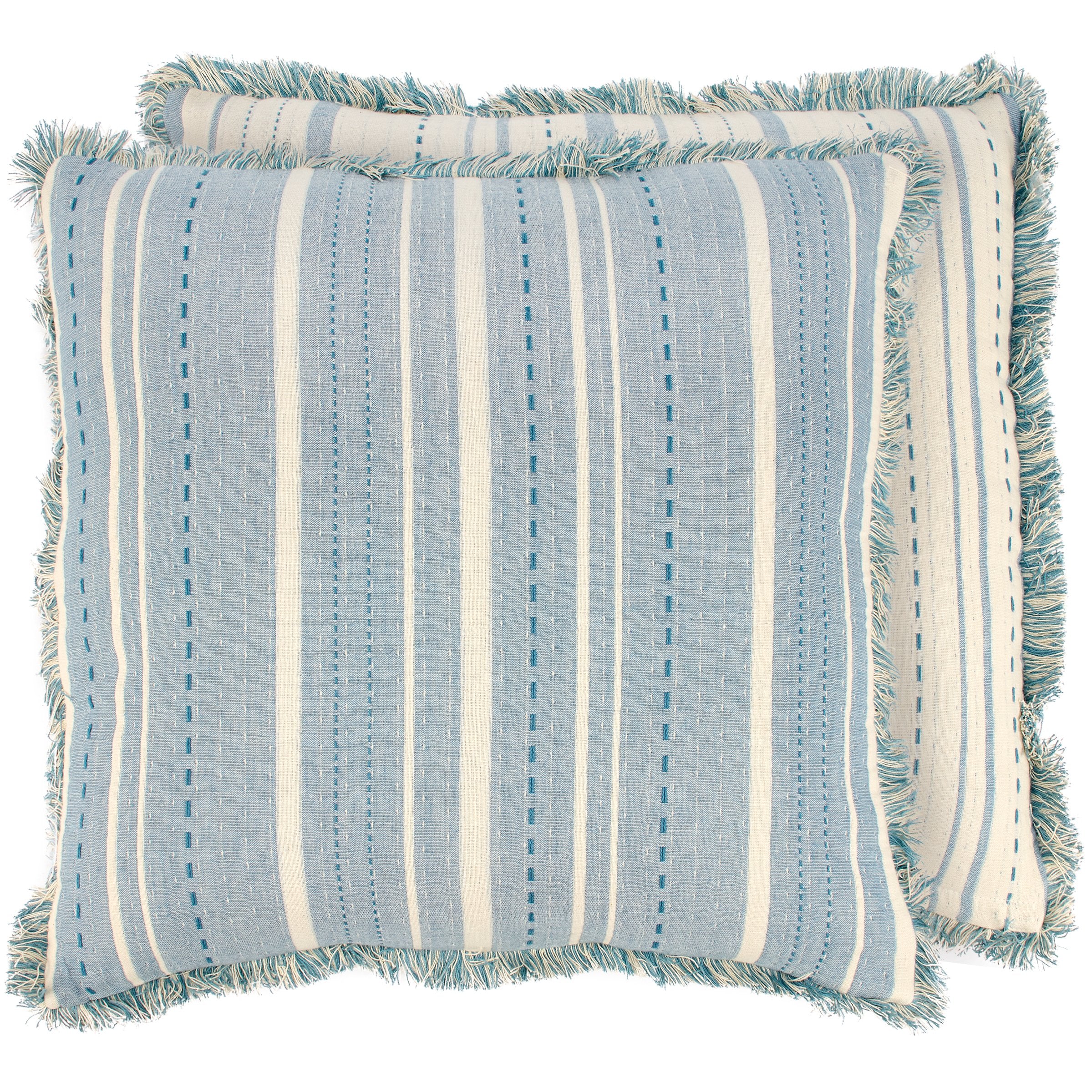 Vintage Cream Blue Striped Cotton Throw Pillow with Fringe Trim Home Accent