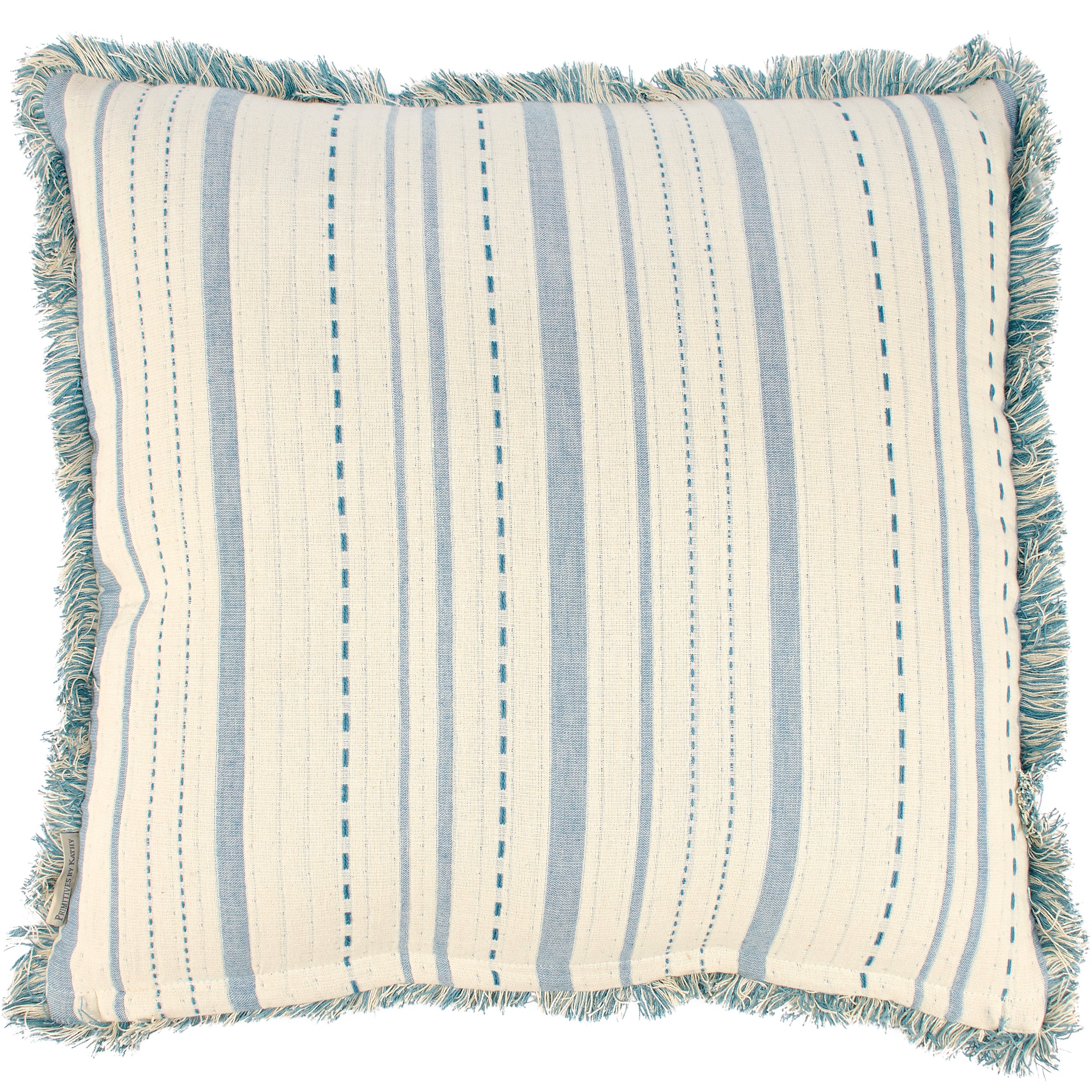Vintage Cream Blue Striped Cotton Throw Pillow with Fringe Trim Home Accent