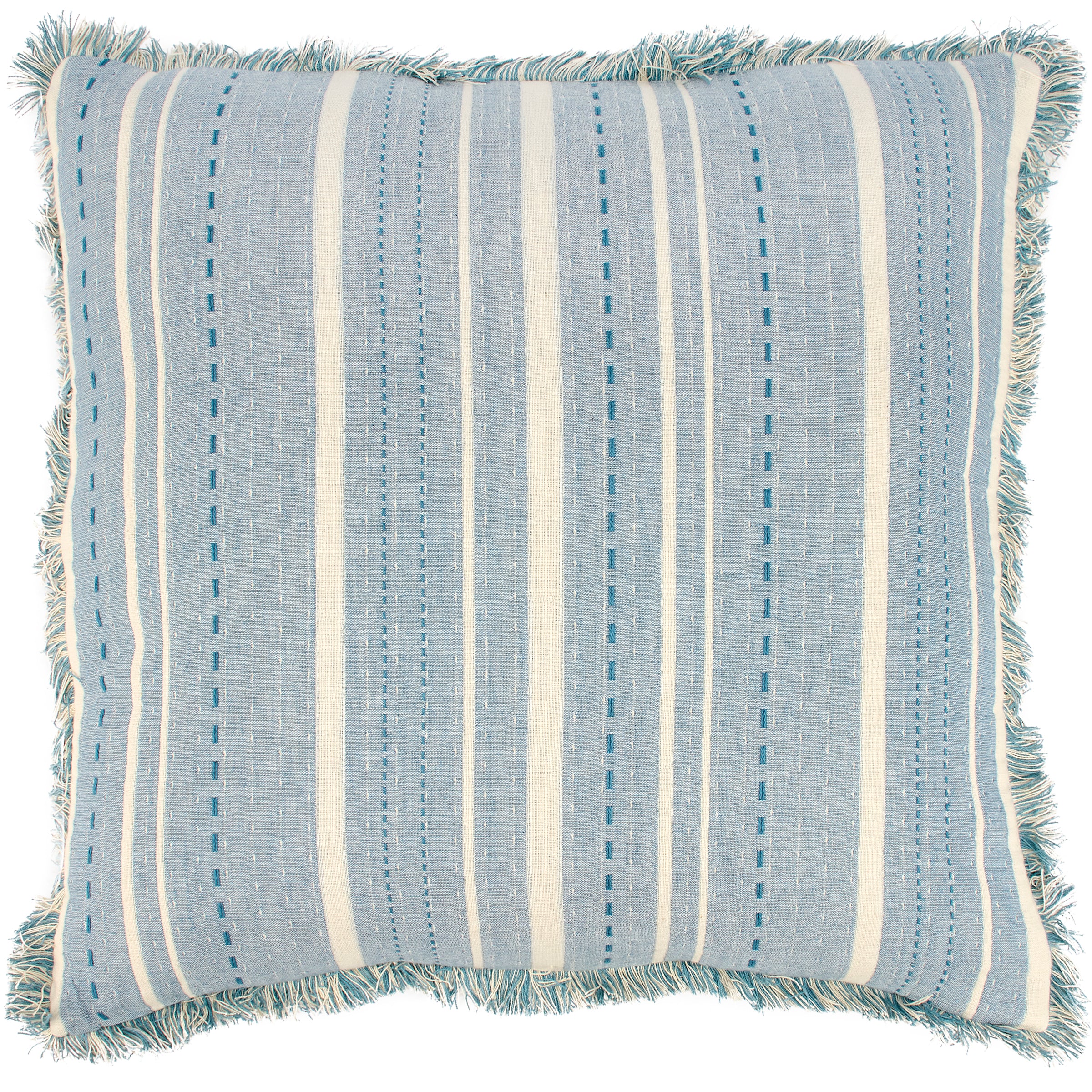 Vintage Cream Blue Striped Cotton Throw Pillow with Fringe Trim Home Accent