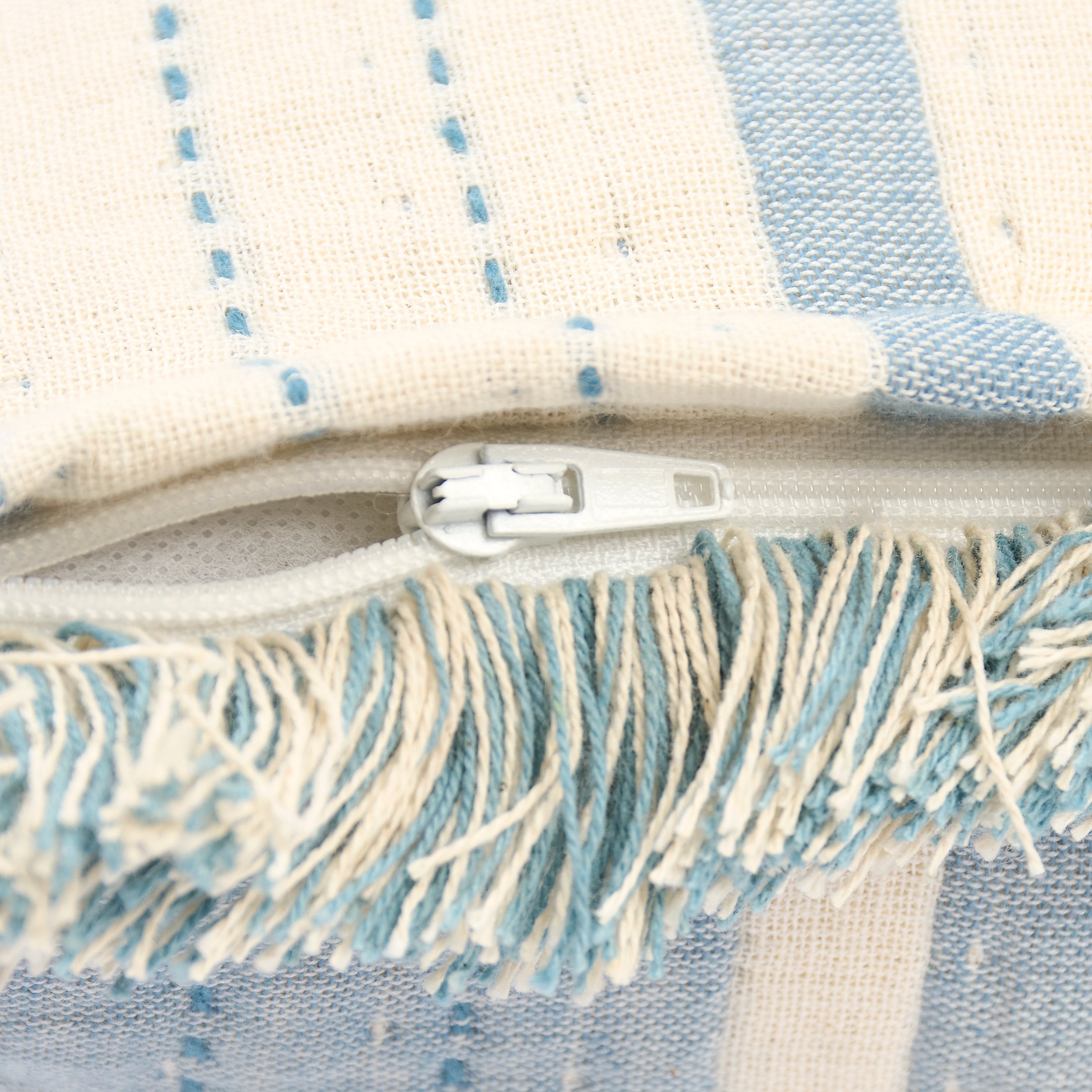 Vintage Cream Blue Striped Cotton Throw Pillow with Fringe Trim Home Accent