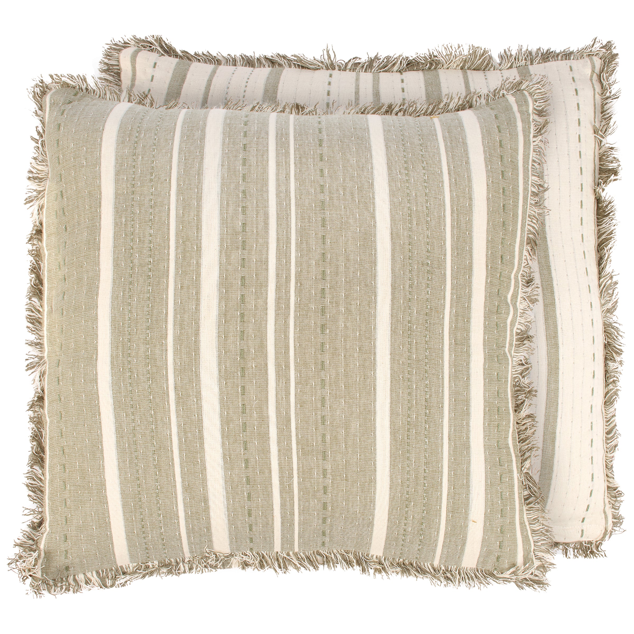 Vintage Cream Blue Striped Cotton Throw Pillow with Fringe Trim Home Accent