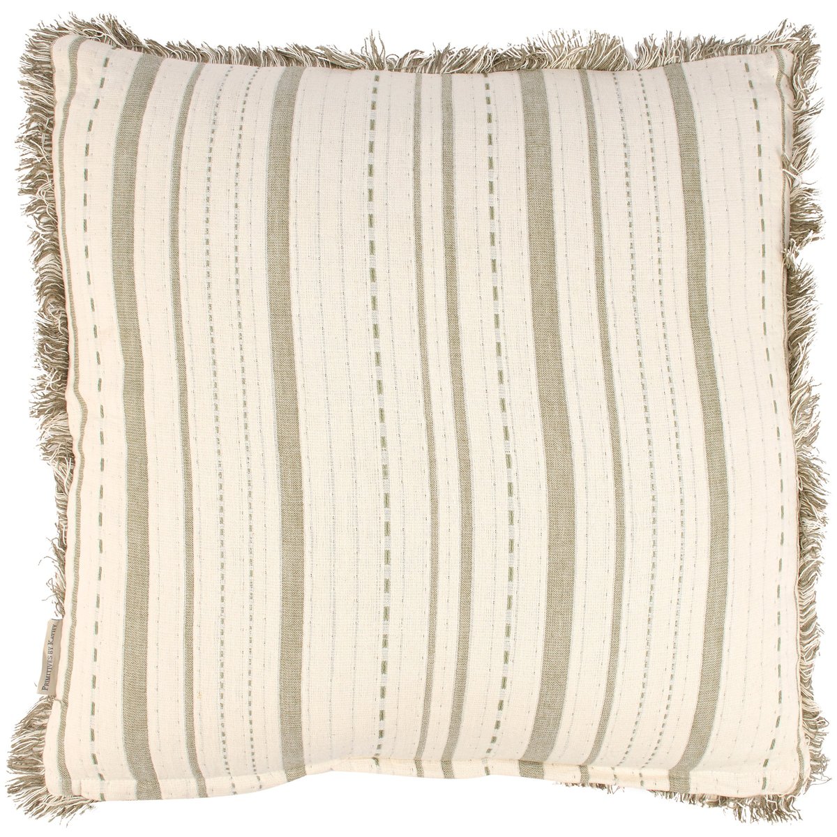 Vintage Cream & Green Striped Cotton Throw Pillow with Fringe Trim