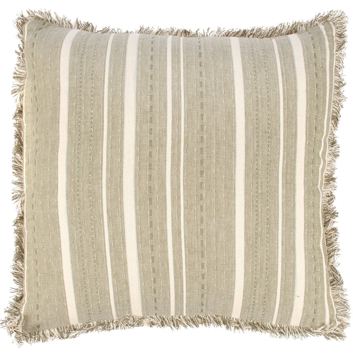 Vintage Cream & Green Striped Cotton Throw Pillow with Fringe Trim