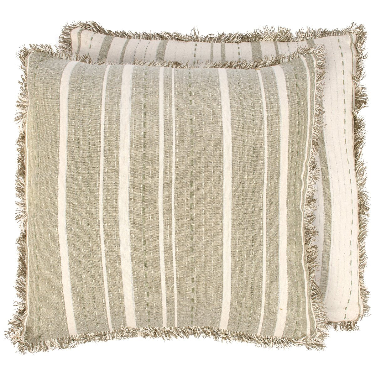 Vintage Cream & Green Striped Cotton Throw Pillow with Fringe Trim