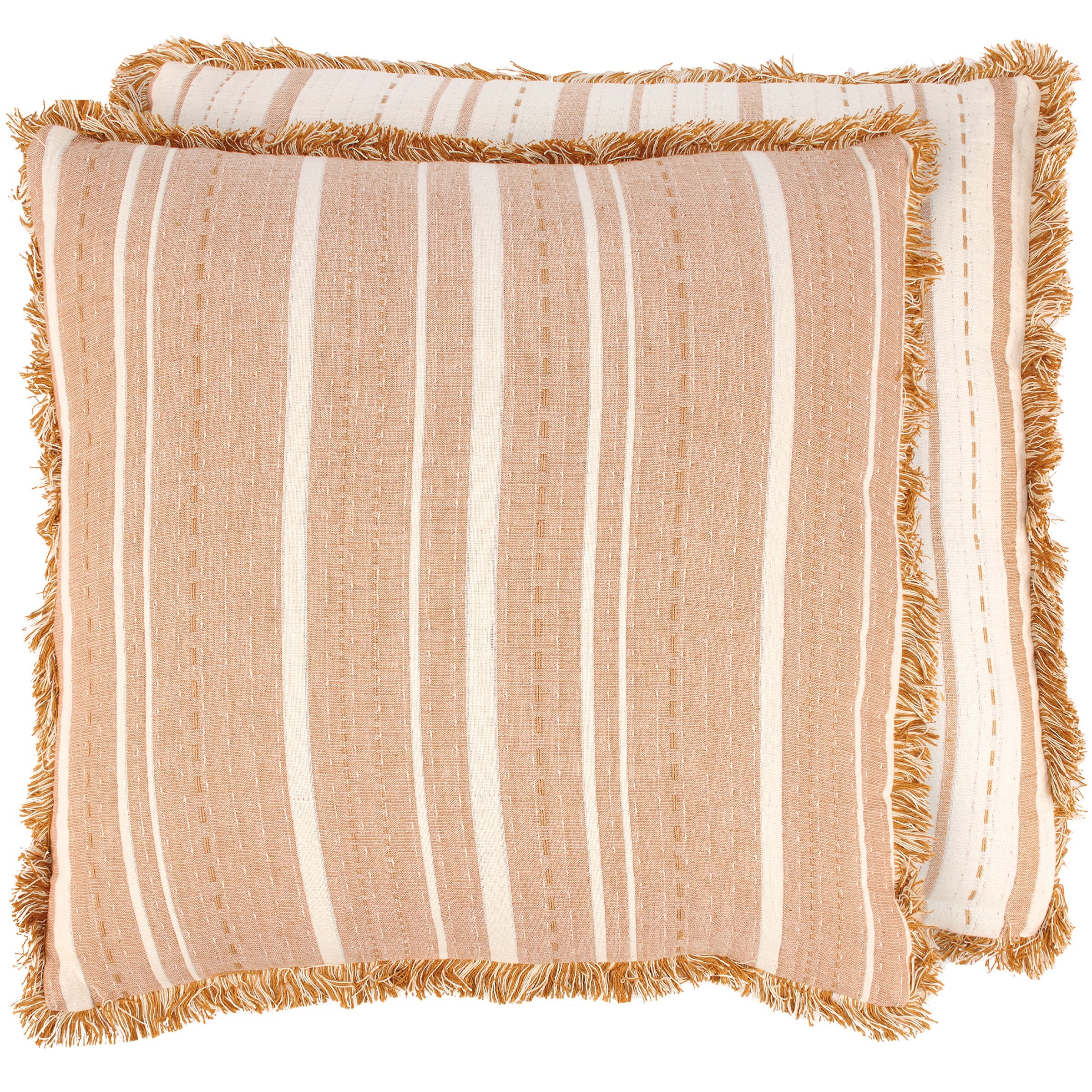 Vintage Cream Blue Striped Cotton Throw Pillow with Fringe Trim Home Accent