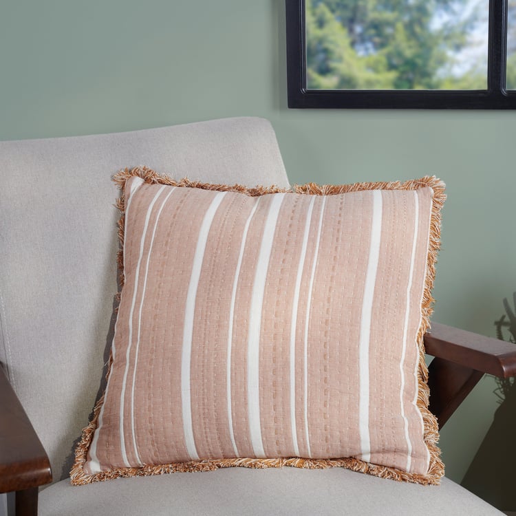 Vintage Striped Rust Throw Pillow with Fringe Trim and Zippered Cover