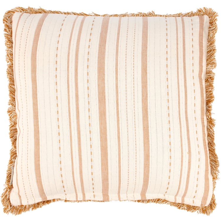 Vintage Striped Rust Throw Pillow with Fringe Trim and Zippered Cover