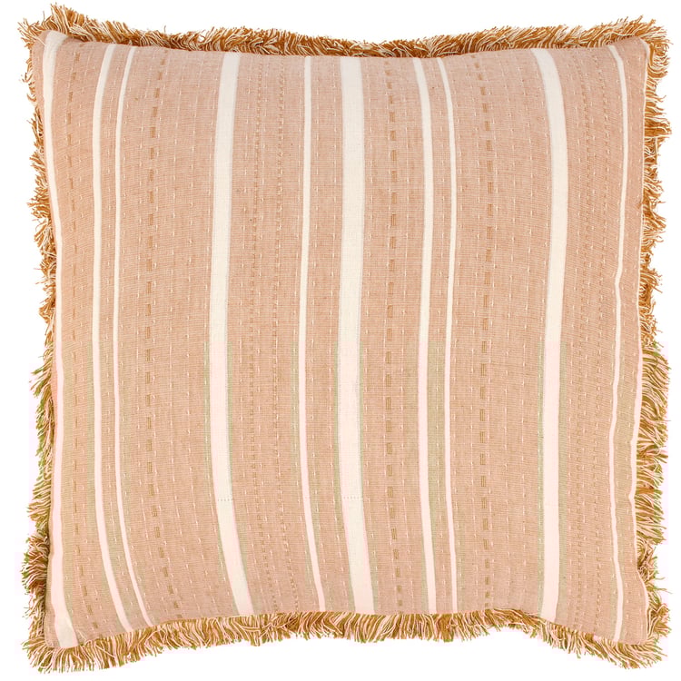 Vintage Striped Rust Throw Pillow with Fringe Trim and Zippered Cover