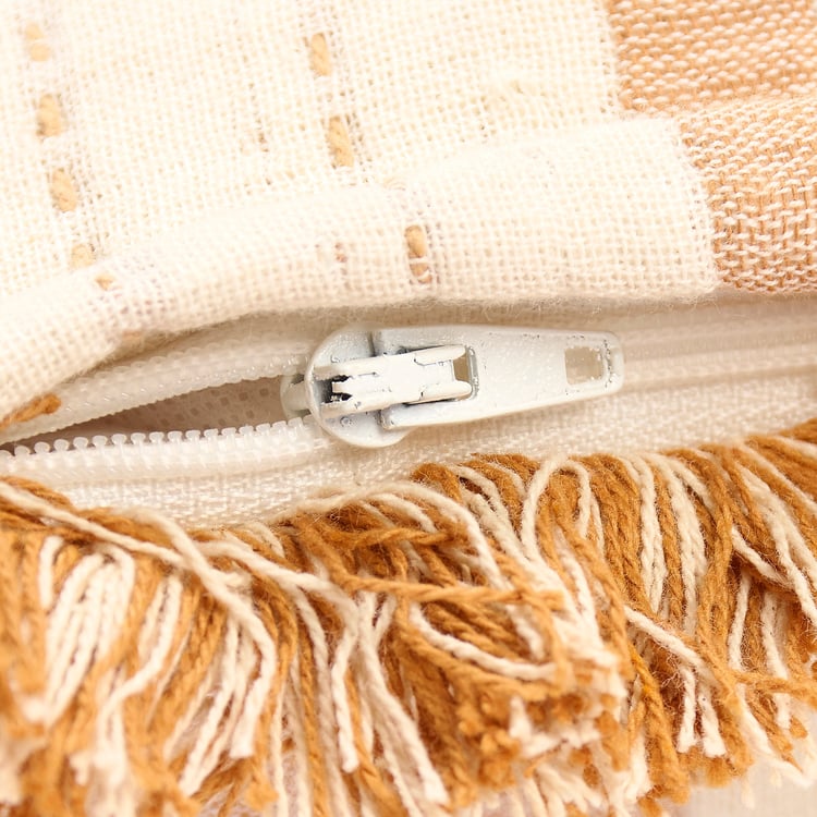 Vintage Striped Rust Throw Pillow with Fringe Trim and Zippered Cover